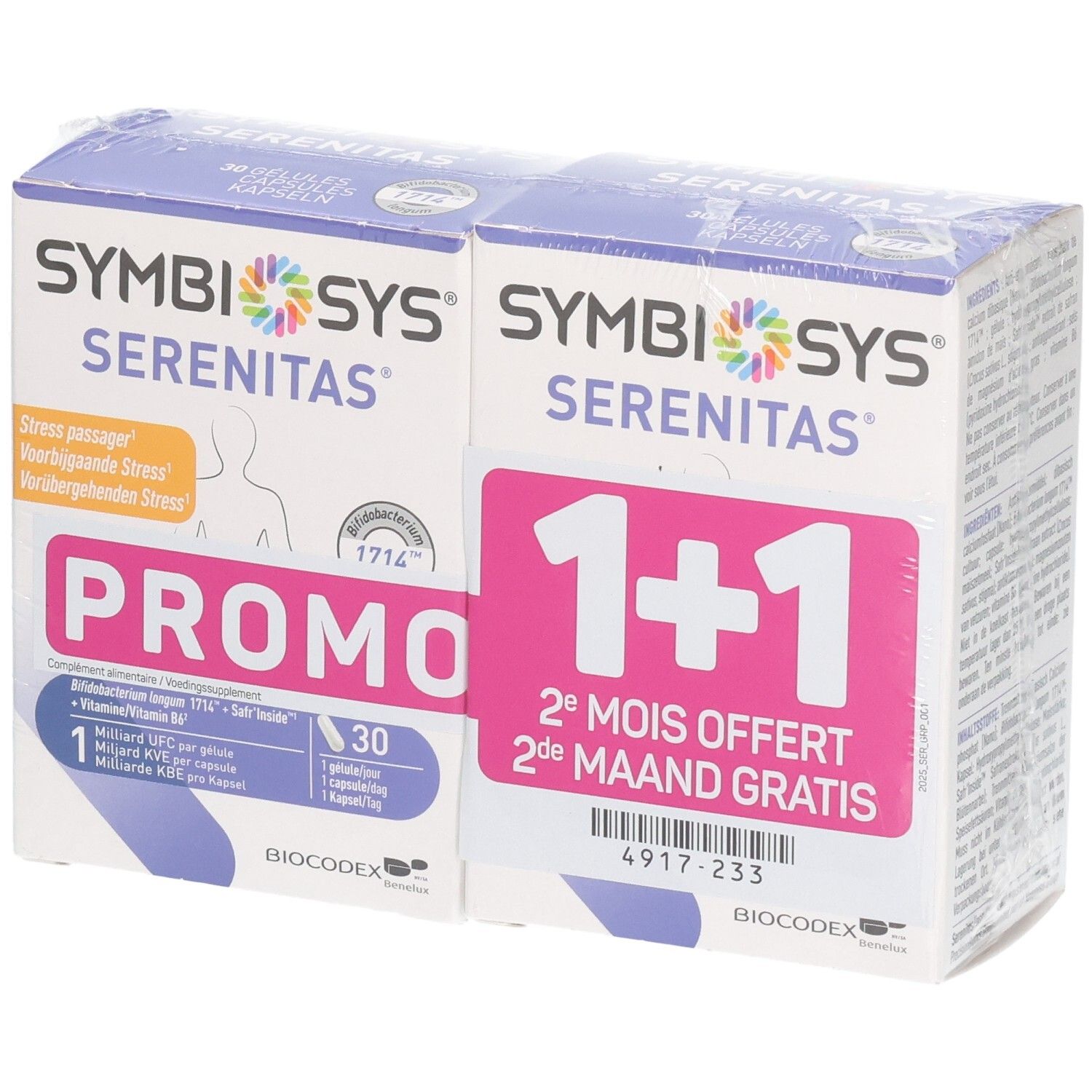 Deux boîtes de capsules Symbiosys Serenitas, promo 1+1. Une boîte indique "PROMO" et 30 capsules.