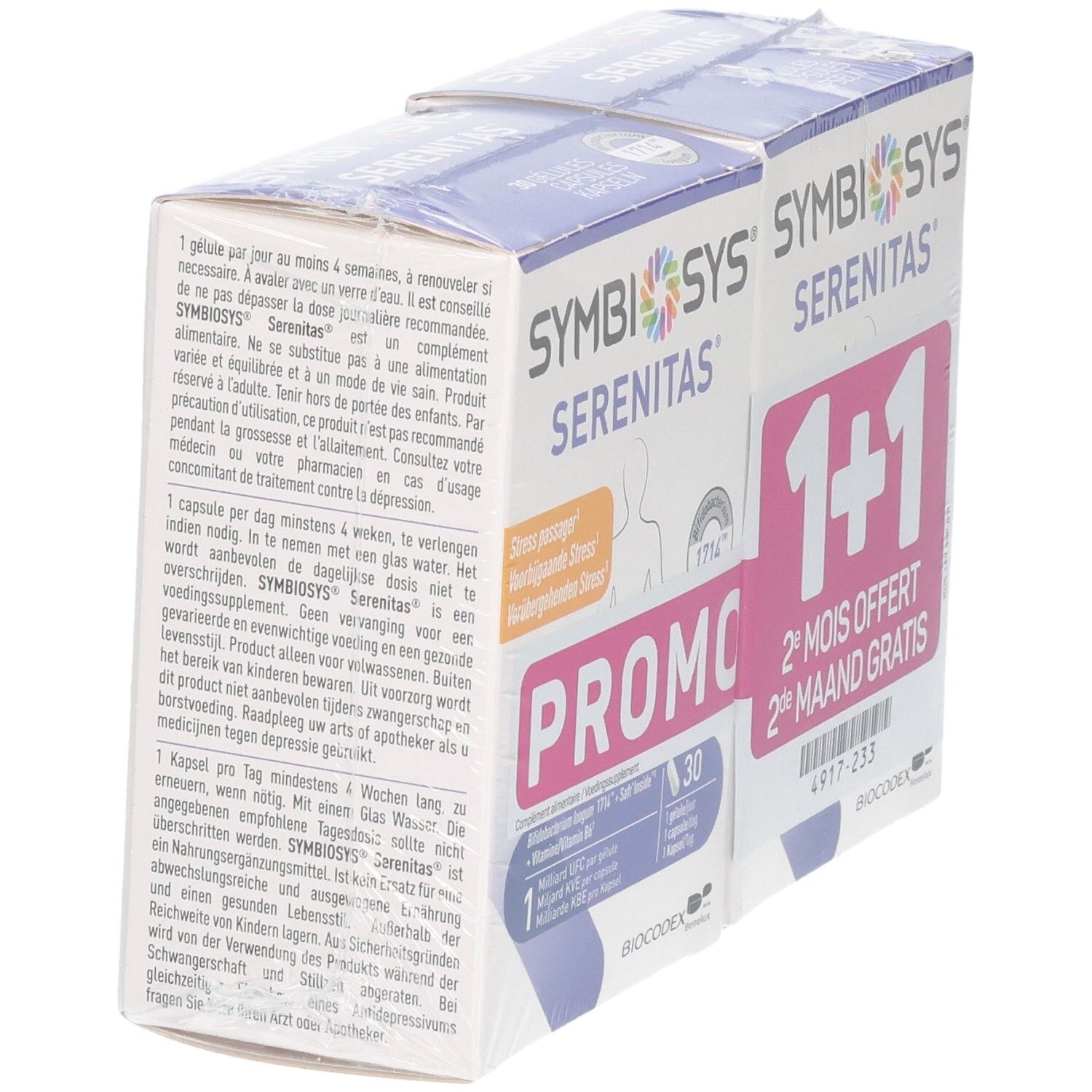 Dos de deux boîtes de capsules Symbiosys Serenitas avec détails sur le contenu et les instructions.