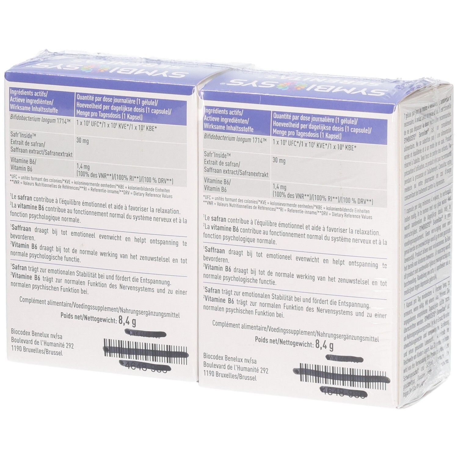 Vue latérale de deux boîtes de capsules Symbiosys Serenitas avec liste d'ingrédients et valeurs nutritionnelles.