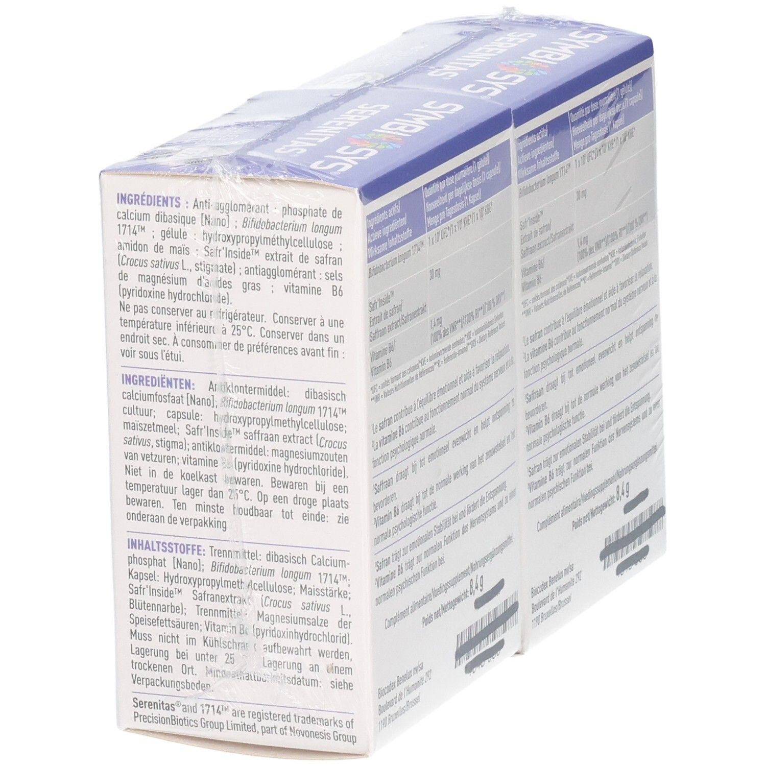Vue latérale de deux boîtes de capsules Symbiosys Serenitas avec détails sur le contenu.