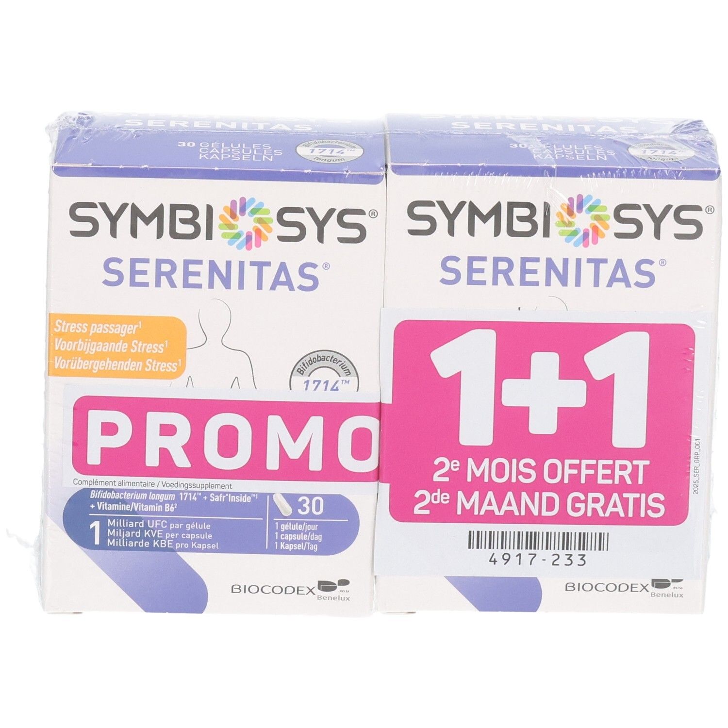 Vue avant de deux boîtes de capsules Symbiosys Serenitas, promo 1+1. Une boîte indique "PROMO" et 30 capsules.
