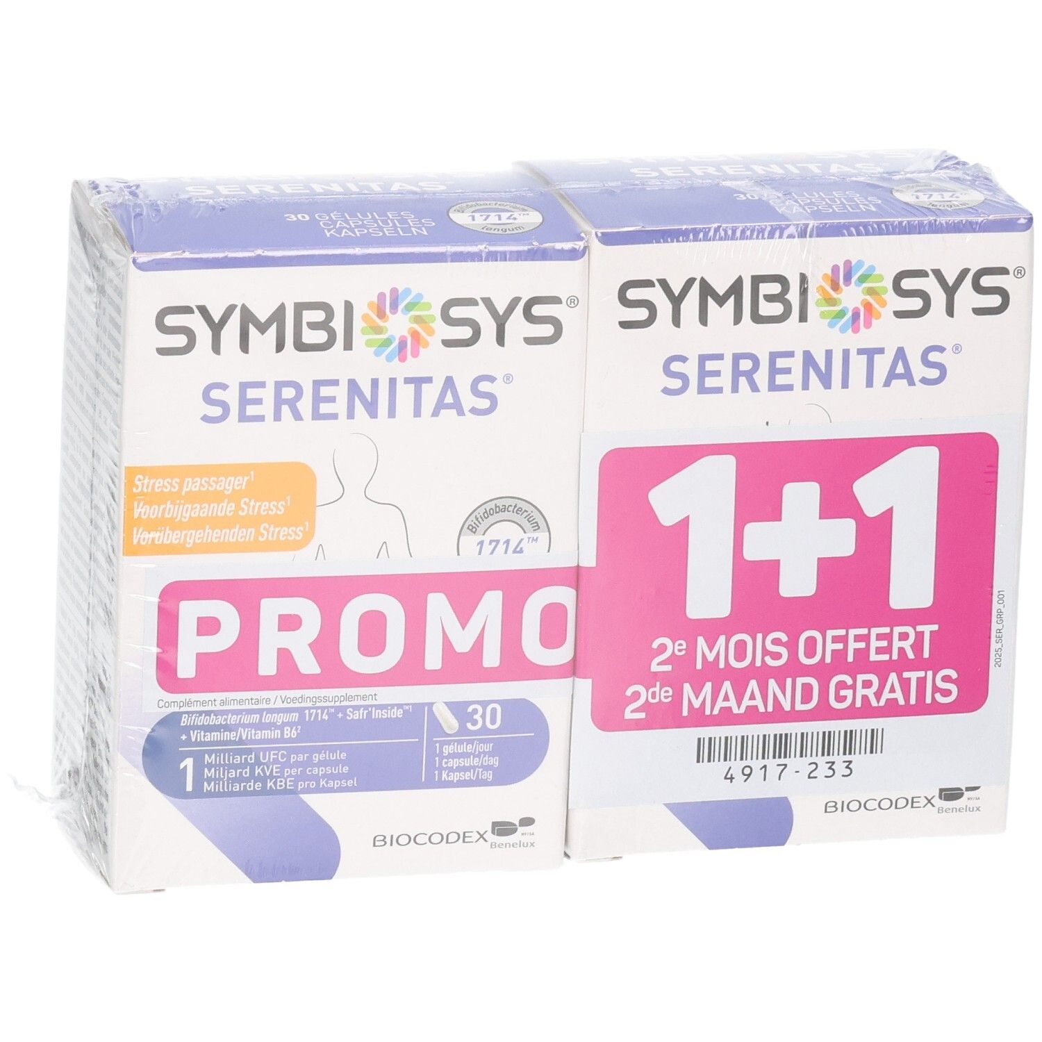 Vue avant de deux boîtes de capsules Symbiosys Serenitas, promo 1+1. Une boîte indique "PROMO" et 30 capsules.