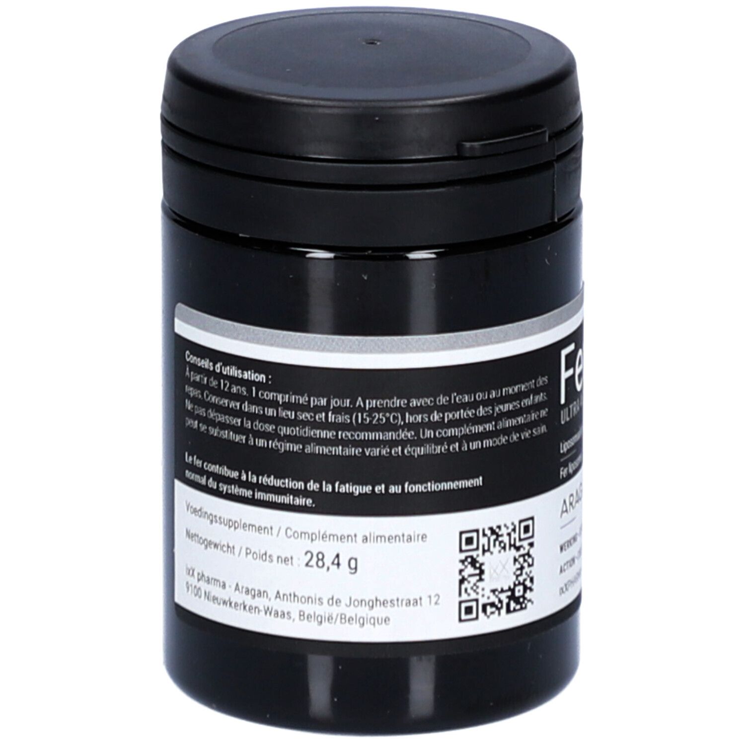 Boîte noire avec étiquette blanche. Inscription: Ferixx Ultra 45. Poids net: 28,4 g. Code QR. Adresse du fabricant.