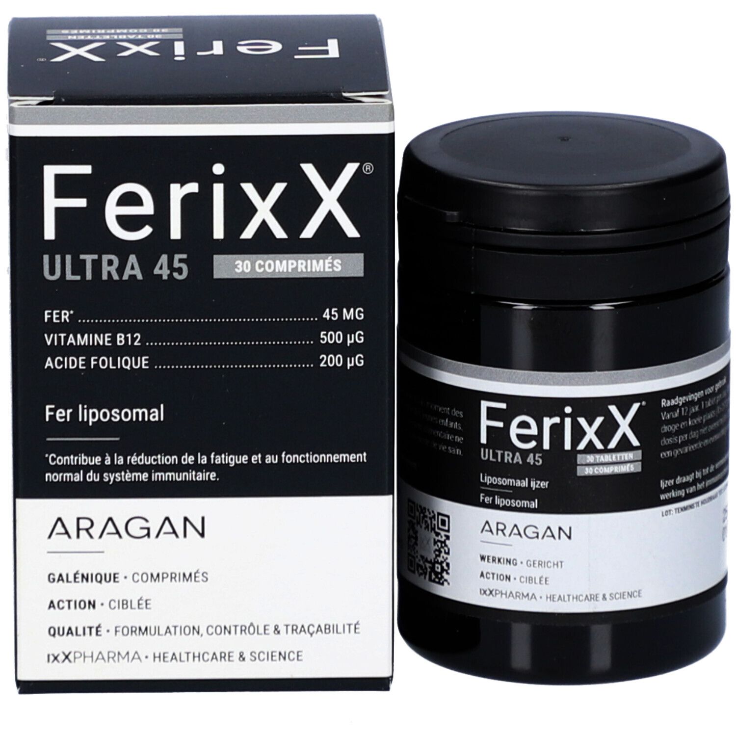 Emballage du produit avec boîte et flacon. Flacon: Ferixx Ultra 45, 30 comprimés. Boîte: Ferixx Ultra 45.