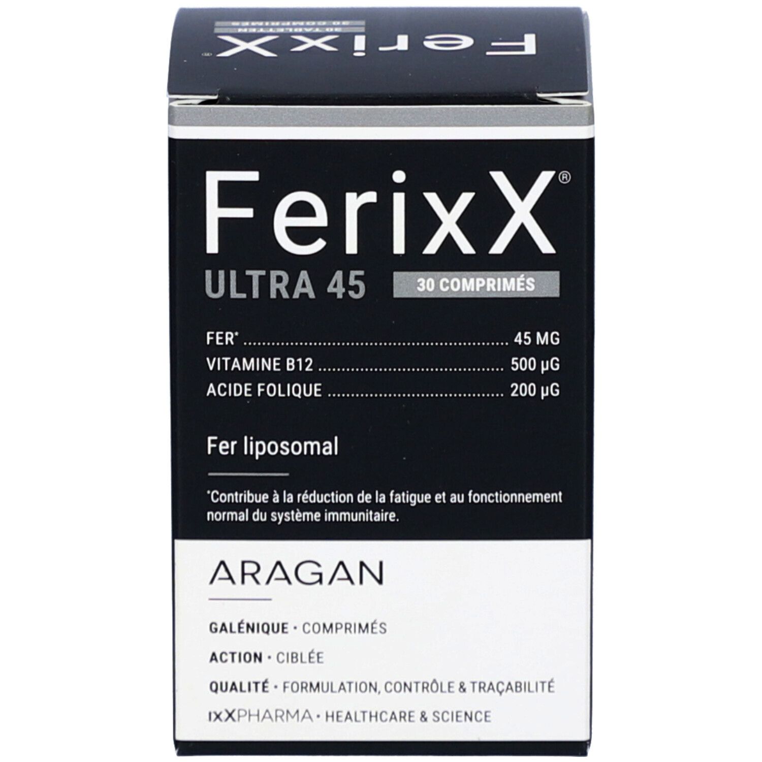 Boîte avec design blanc et noir. Inscription: Ferixx Ultra 45, 30 comprimés. Ingrédients.