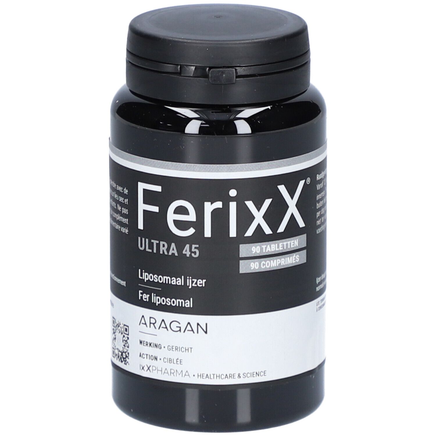 Flacon noir de comprimés. Inscription: Ferixx Ultra 45, 90 comprimés. Fer liposomale. Marque: Aragan.