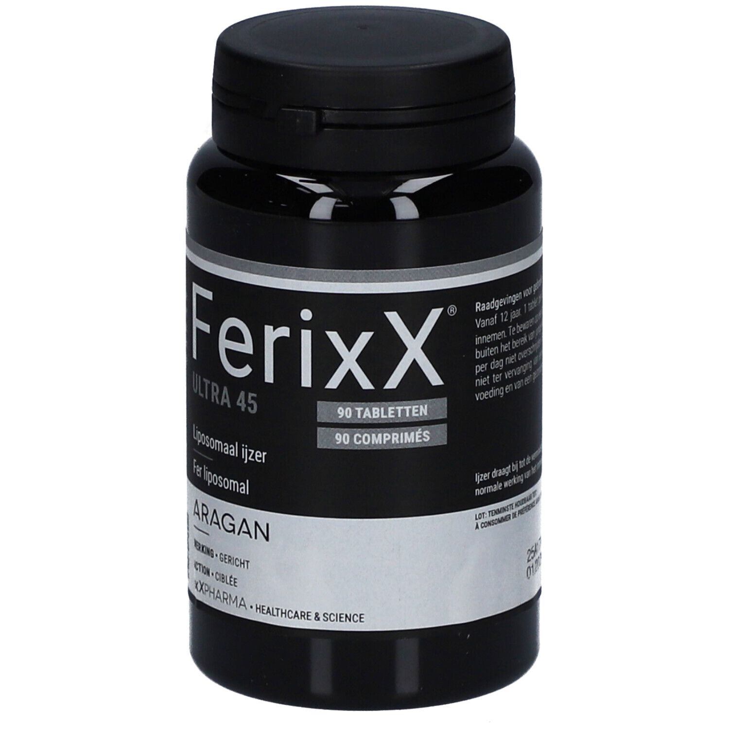 Flacon noir de comprimés. Inscription: Ferixx Ultra 45, 90 comprimés. Fer liposomale. Marque: Aragan.
