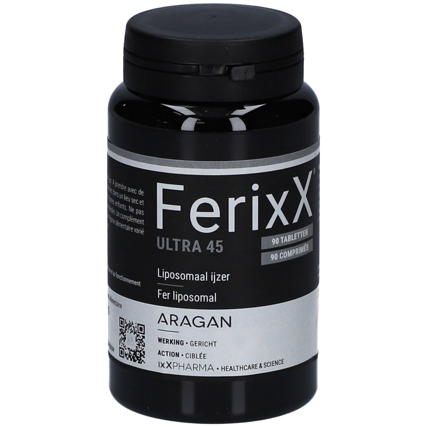 Flacon noir de comprimés. Inscription: Ferixx Ultra 45, 90 comprimés. Fer liposomale. Marque: Aragan.