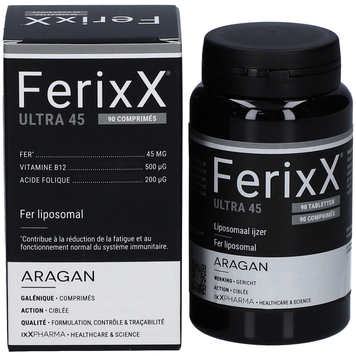 Emballage et flacon de comprimés. Inscription: Ferixx Ultra 45, 90 comprimés. Ingrédients. Marque: Aragan.