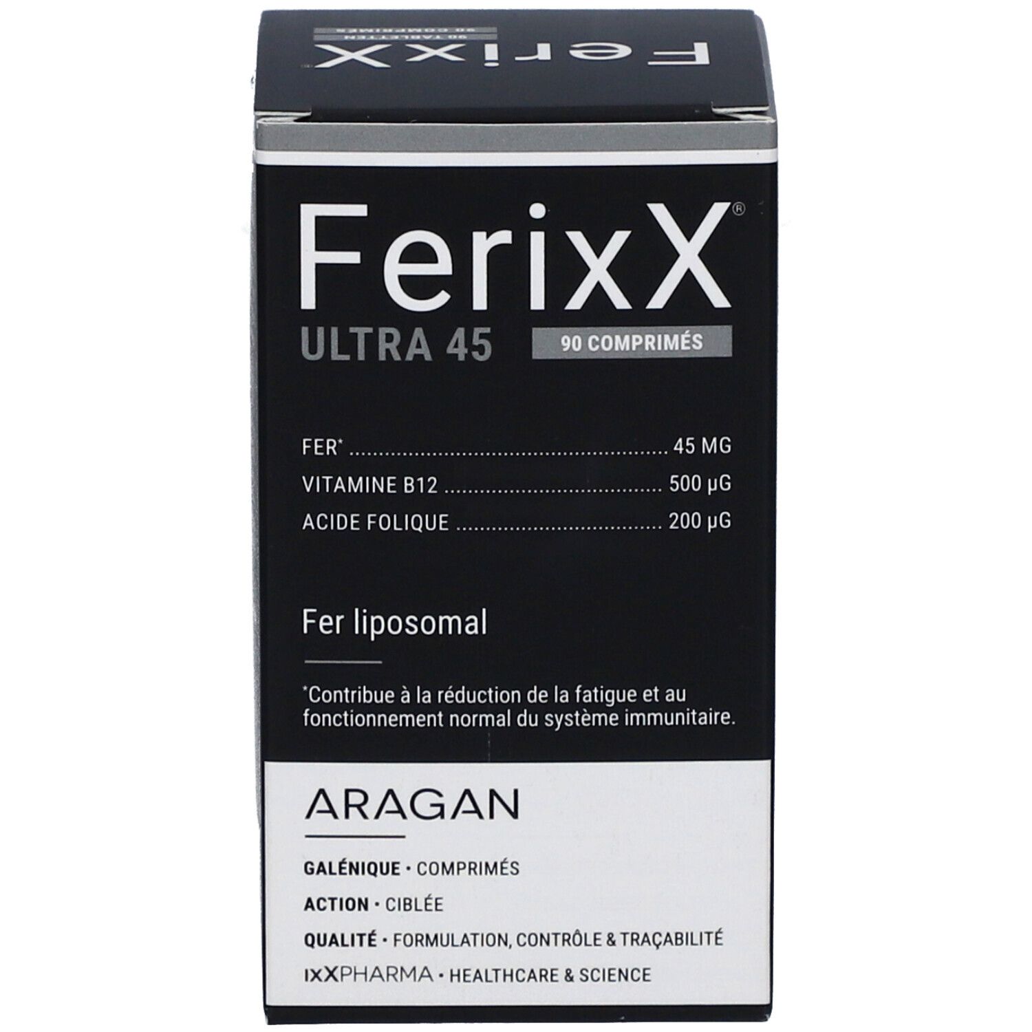 Emballage du produit. Inscription: Ferixx Ultra 45, 90 comprimés. Ingrédients. Marque: Aragan.