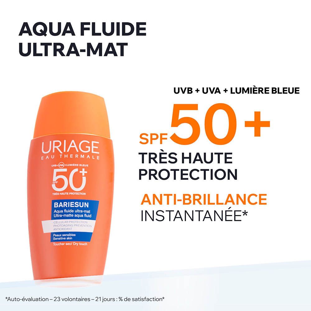 Flacon Uriage Bariesun Aqua fluide ultra-mat SPF50+. Texte et logo sur le flacon.