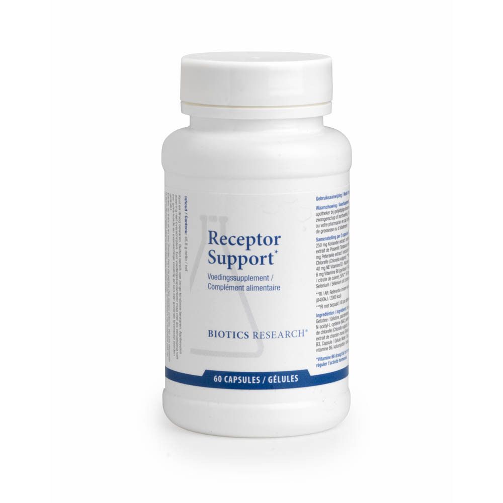Flacon blanc avec capsules. Inscription : Receptor Support, 60 capsules. Logo BIOTICS RESEARCH.