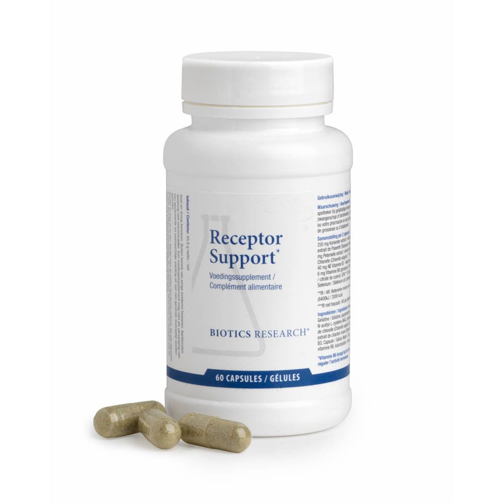 Flacon blanc avec capsules et trois capsules à côté. Inscription : Receptor Support, 60 capsules.