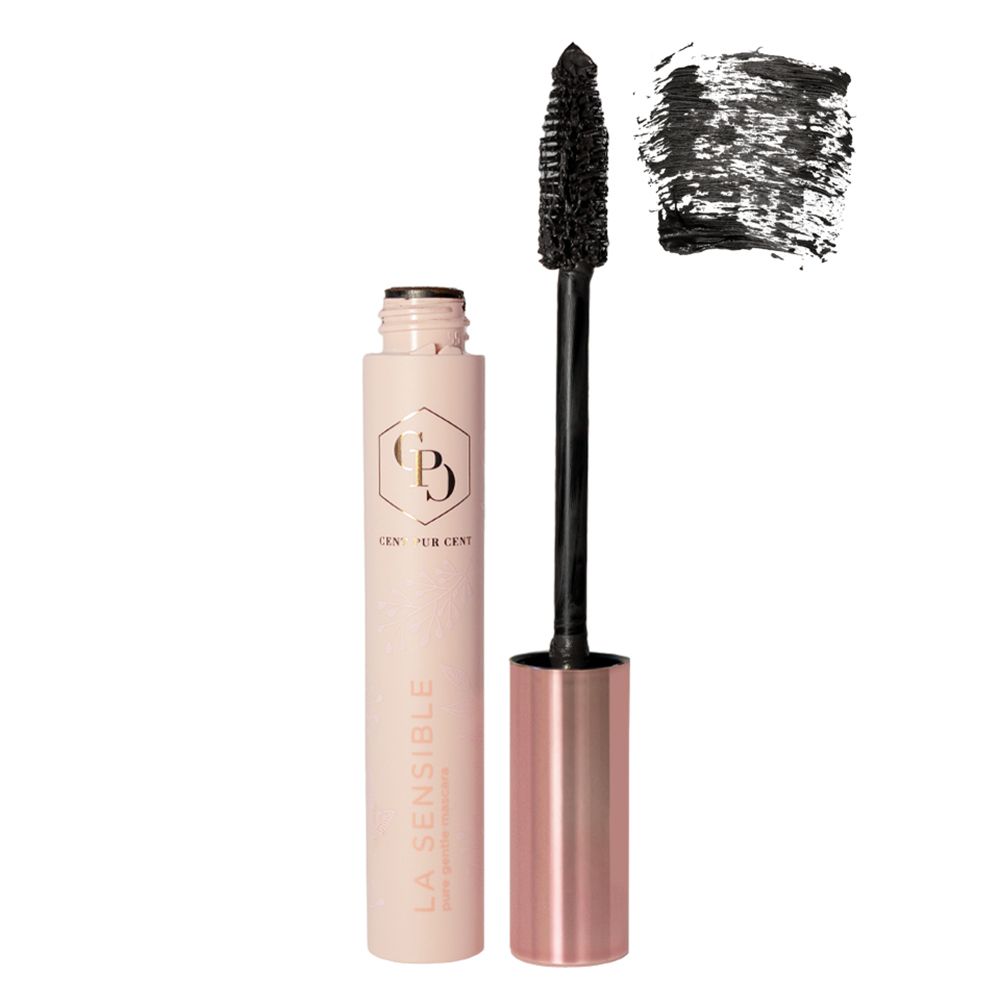 Brosse de mascara rose avec capuchon or rose et brosse. Inscription : La Sensible. Couleur noire.