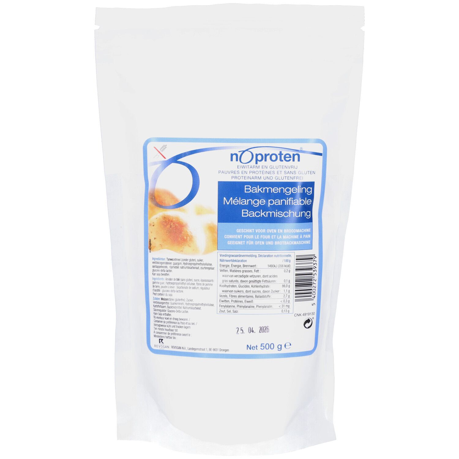 Sachet blanc avec étiquette bleue. Inscription : Noproten Bakmengeling, 500 g. Contient des ingrédients sans gluten.