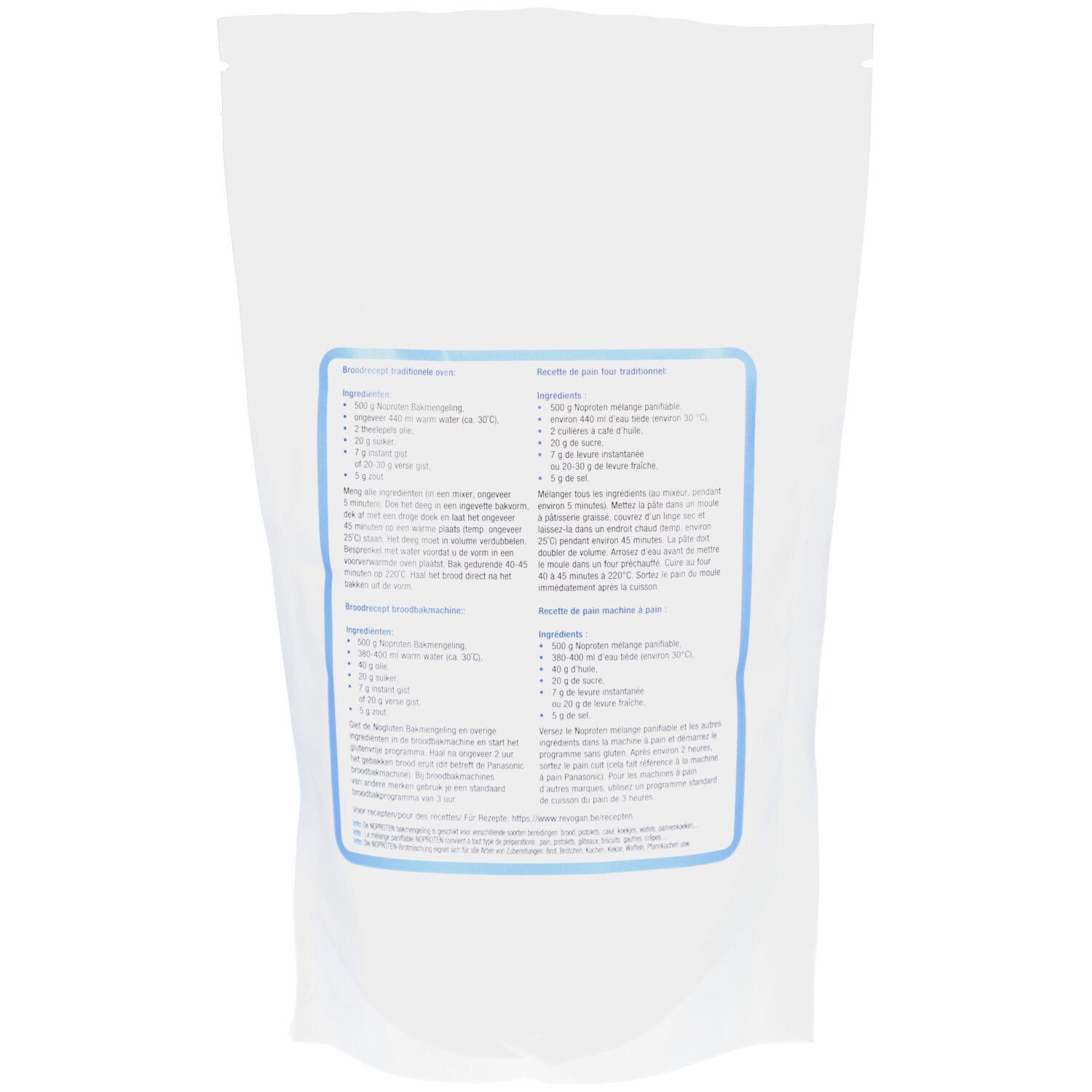 Dos du sachet blanc. Étiquette bleue avec listes d'ingrédients et instructions de préparation en plusieurs langues.