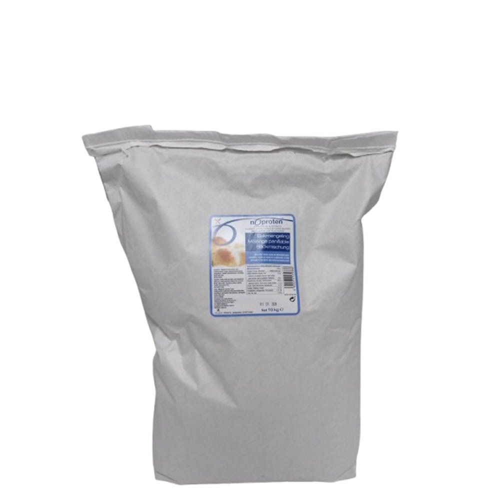 Grand sac gris avec une étiquette bleue. Texte et logo visibles sur l'étiquette. Le produit est Noproten bakmengeling.