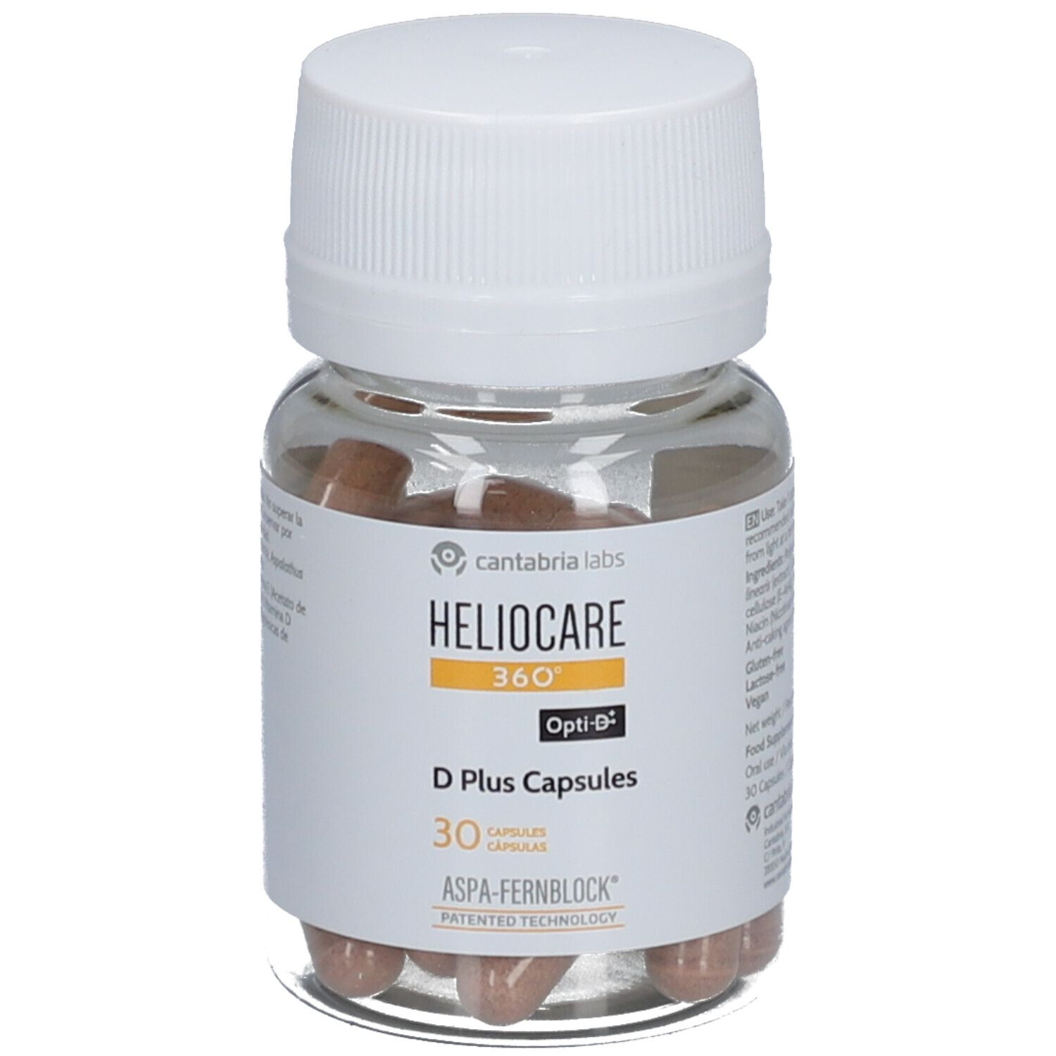 Flacon transparent de Heliocare 360° D Plus Capsules, bouchon blanc. Contient 30 gélules.