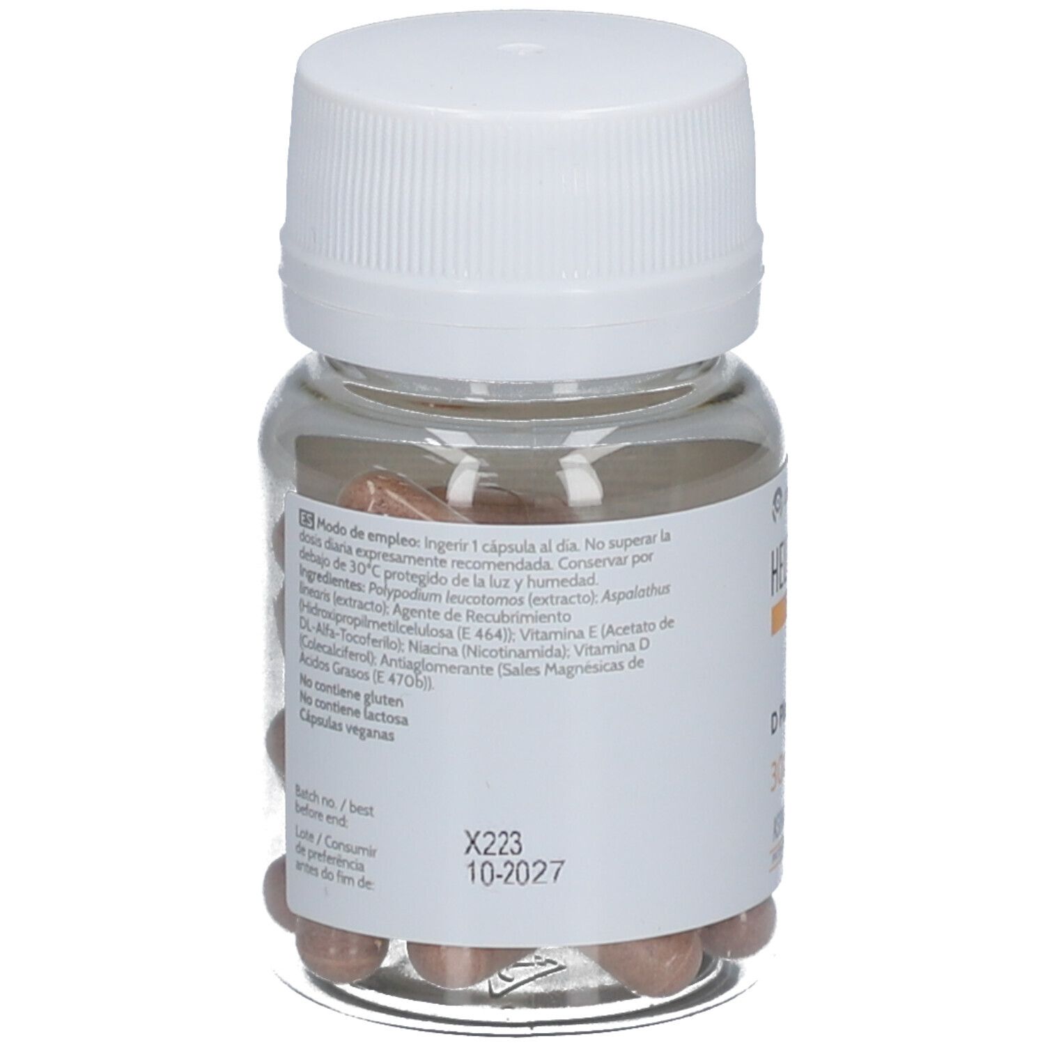 Dos du flacon Heliocare 360° D Plus Capsules. Informations et ingrédients visibles.