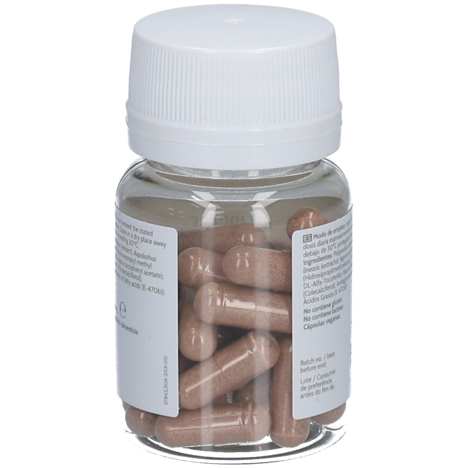 Vue latérale du flacon Heliocare 360° D Plus Capsules. Gélules visibles.
