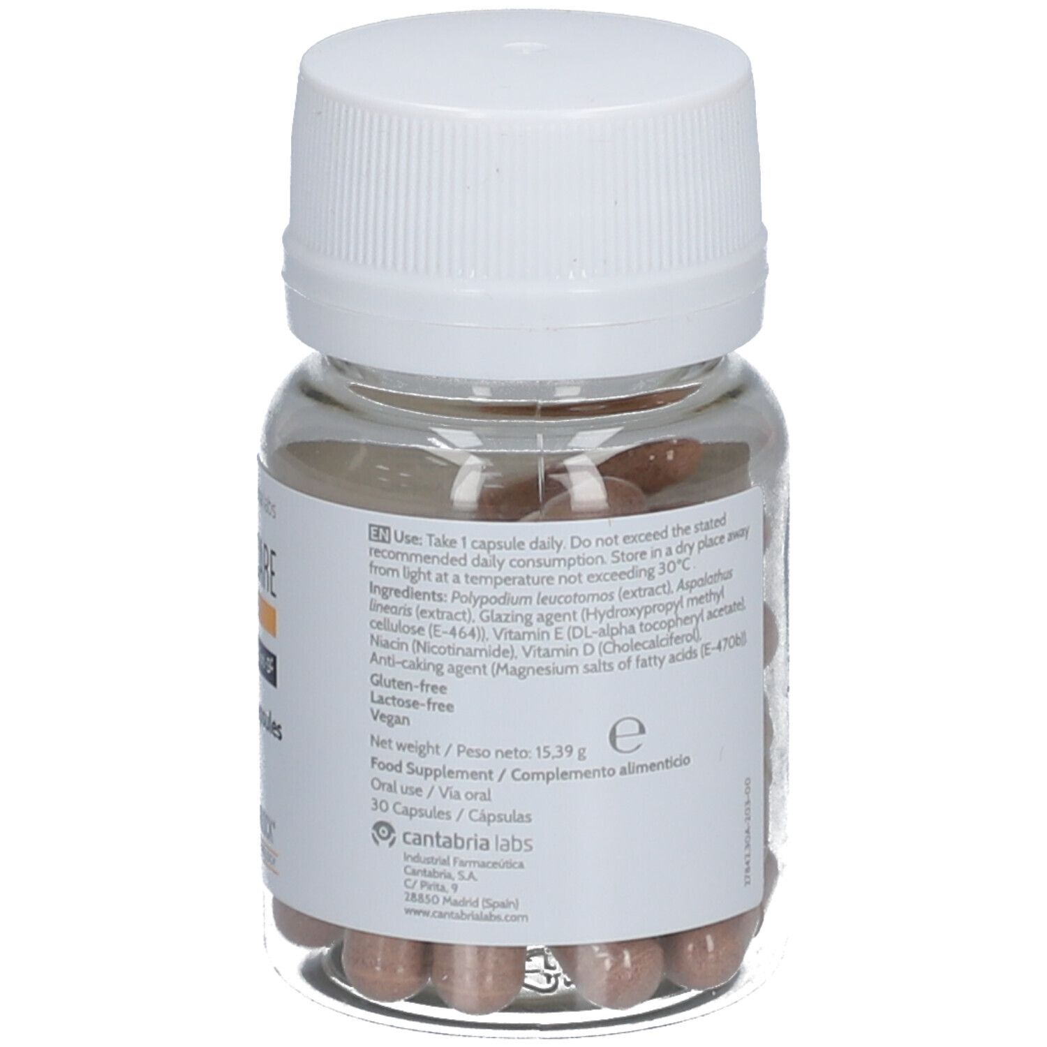 Dos du flacon Heliocare 360° D Plus Capsules. Informations et ingrédients.