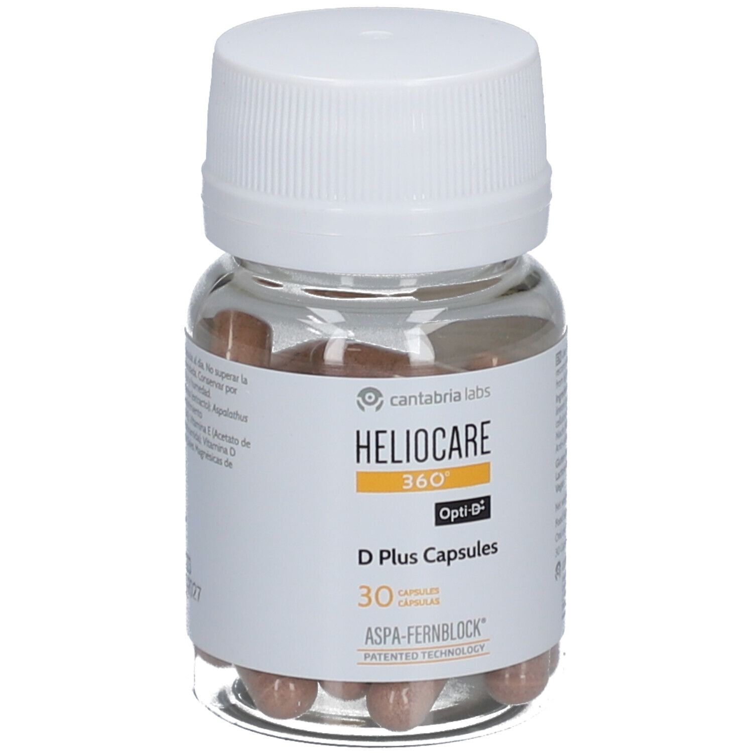 Flacon transparent de Heliocare 360° D Plus Capsules, bouchon blanc. 30 gélules.