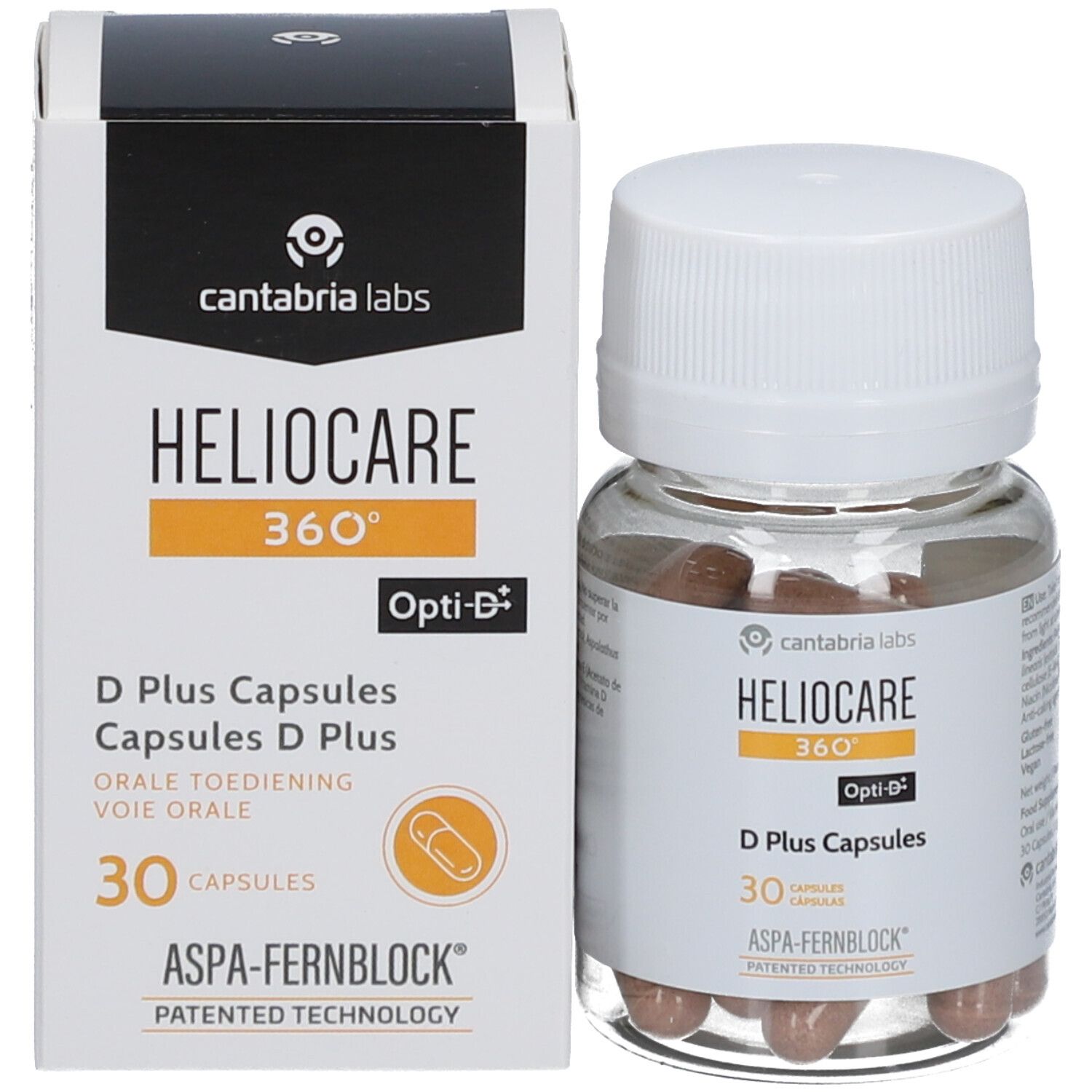 Flacon et boîte Heliocare 360° D Plus Capsules. 30 gélules. Boîte noire.