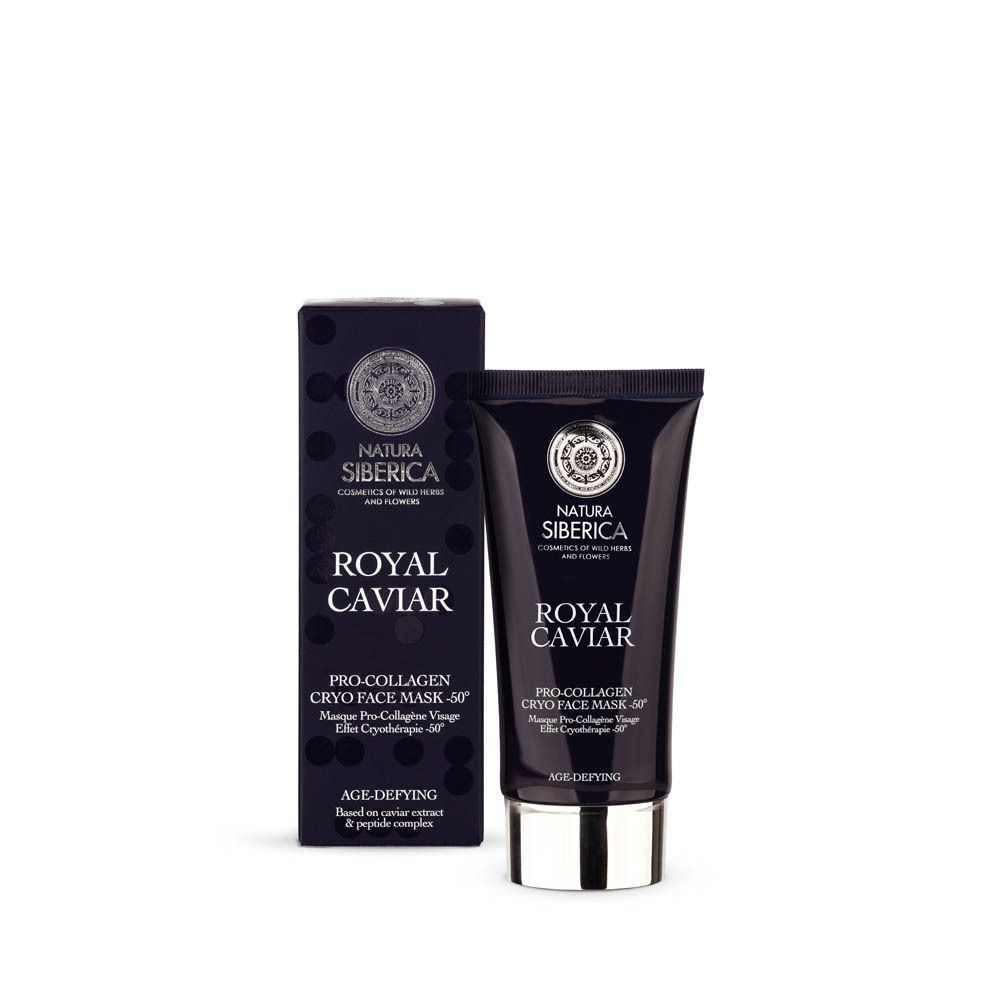 Emballage et tube du produit. Inscriptions: Natura Siberica, Royal Caviar, Pro-Collagen Cryo Face Mask -50°. Tube noir.