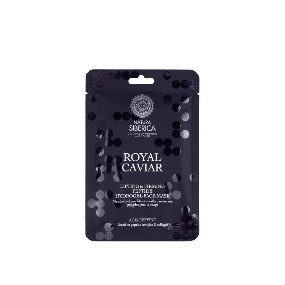 Masque facial hydrogel gris foncé. Texte: Royal Caviar, Lifting & Firming Peptide. Marque: Natura Siberica.
