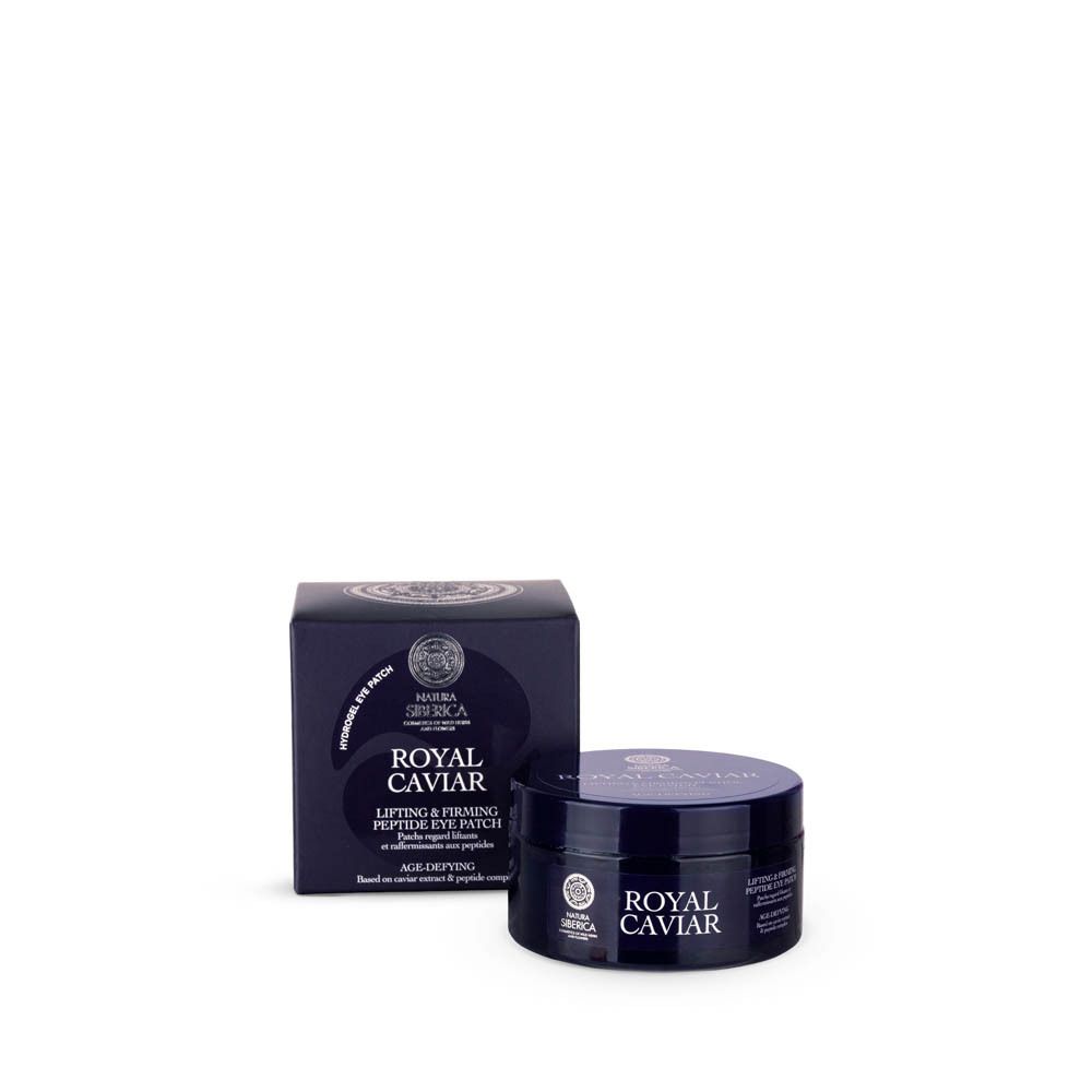 Boîte et pot bleu foncé. Inscription: Royal Caviar Lifting & Firming Peptide Eye Patch. Marque: Natura Siberica. 60 pièces.