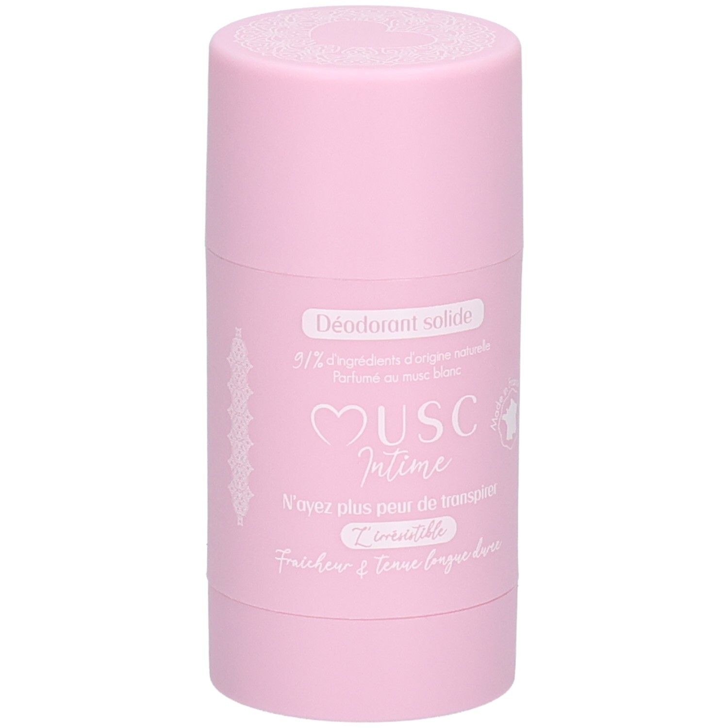 Stick de déodorant rose. Inscription: Déodorant solide, Musc Intime, 90% ingrédients d'origine naturelle.