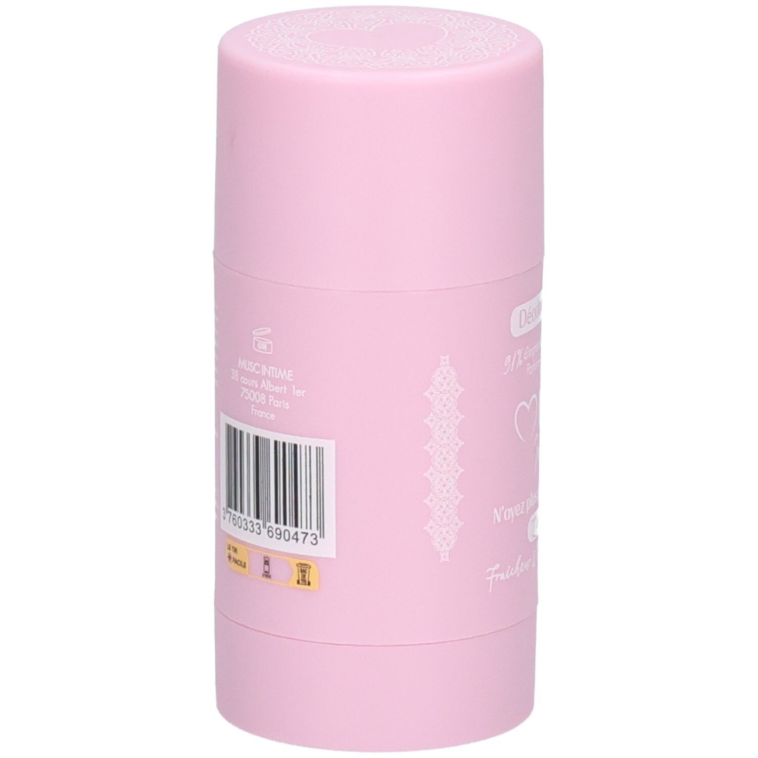Stick de déodorant rose. Inscription: Musc Intime, adresse, code-barres, 50g. Label doré.