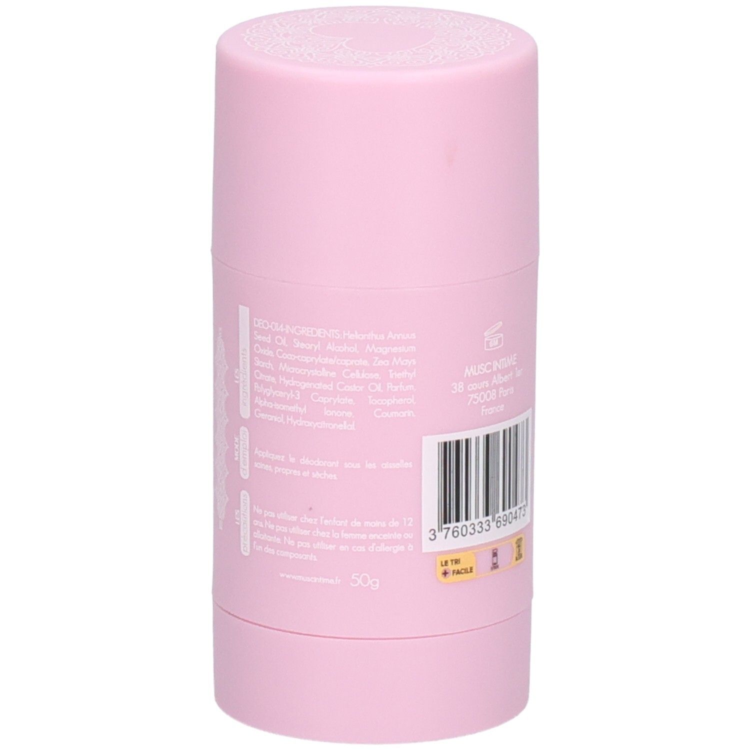 Stick de déodorant rose. Dos avec texte multilingue. Label doré.