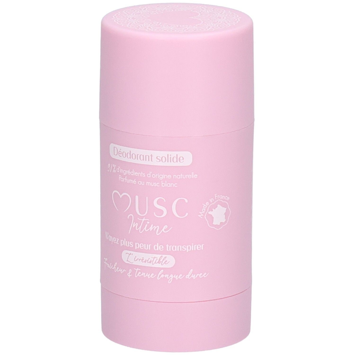 Stick de déodorant rose. Inscription: Déodorant solide, Musc Intime, 90% ingrédients d'origine naturelle.
