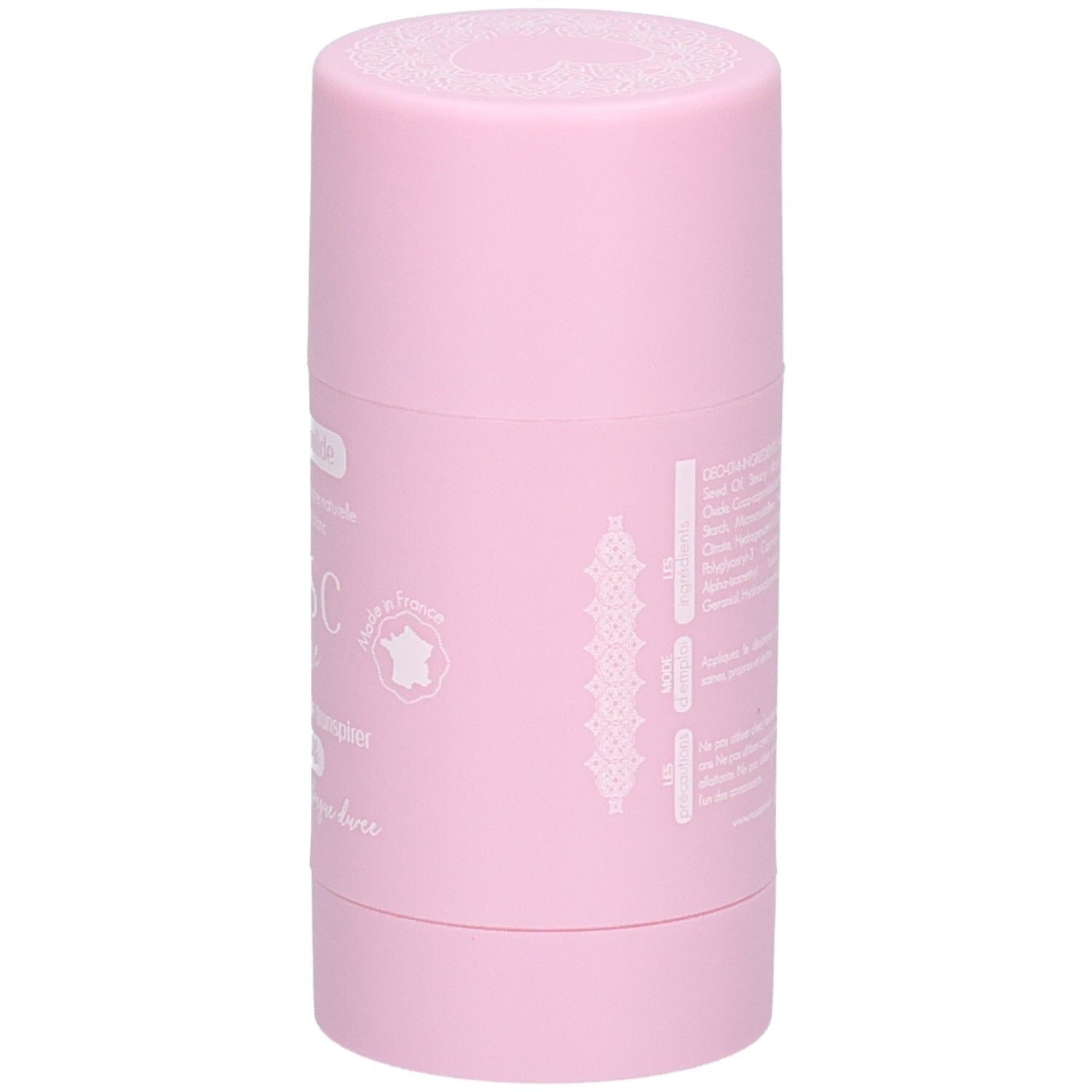 Stick de déodorant rose. Dos avec texte et ingrédients. Drapeau français.