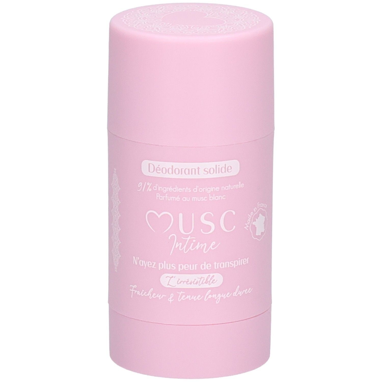 Stick de déodorant rose. Inscription: Déodorant solide, Musc Intime, 90% ingrédients d'origine naturelle.