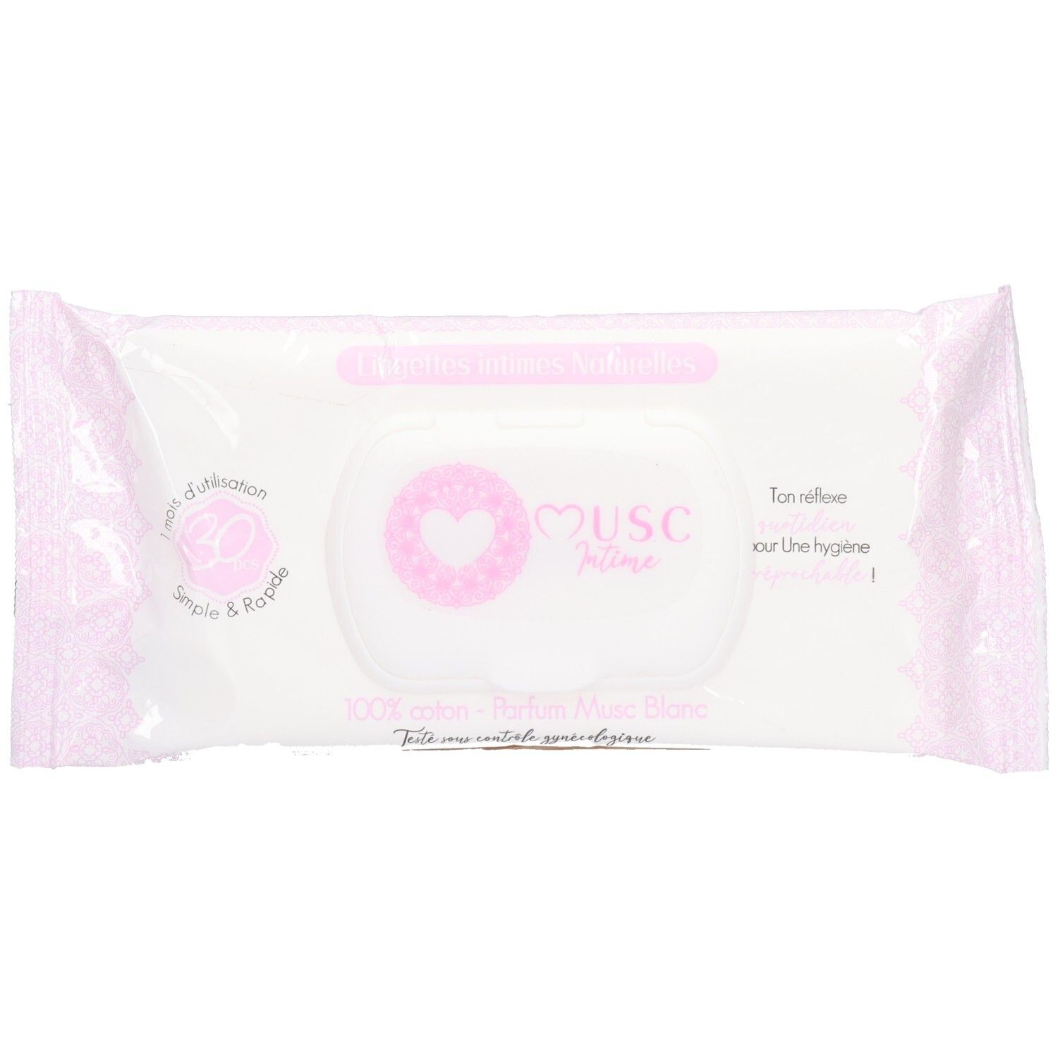 Paquet blanc et rose. Logo Musc Intime. Inscription: 100% coton, Parfum Musc Blanc. Motif floral rose.