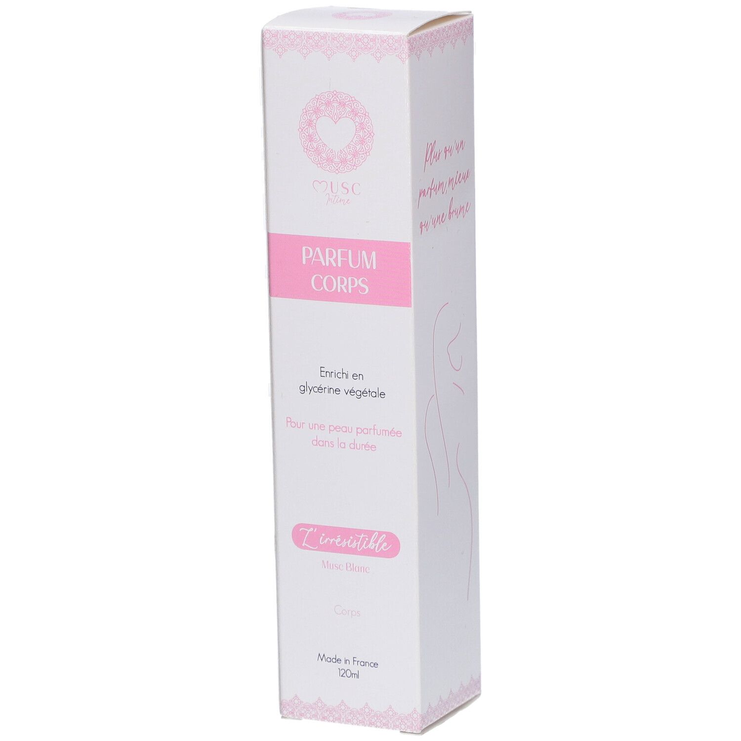 Boîte blanche allongée avec accents roses. Texte: PARFUM CORPS, L'irrésistible, Musc Blanc. Fabriqué en France. 20ml.