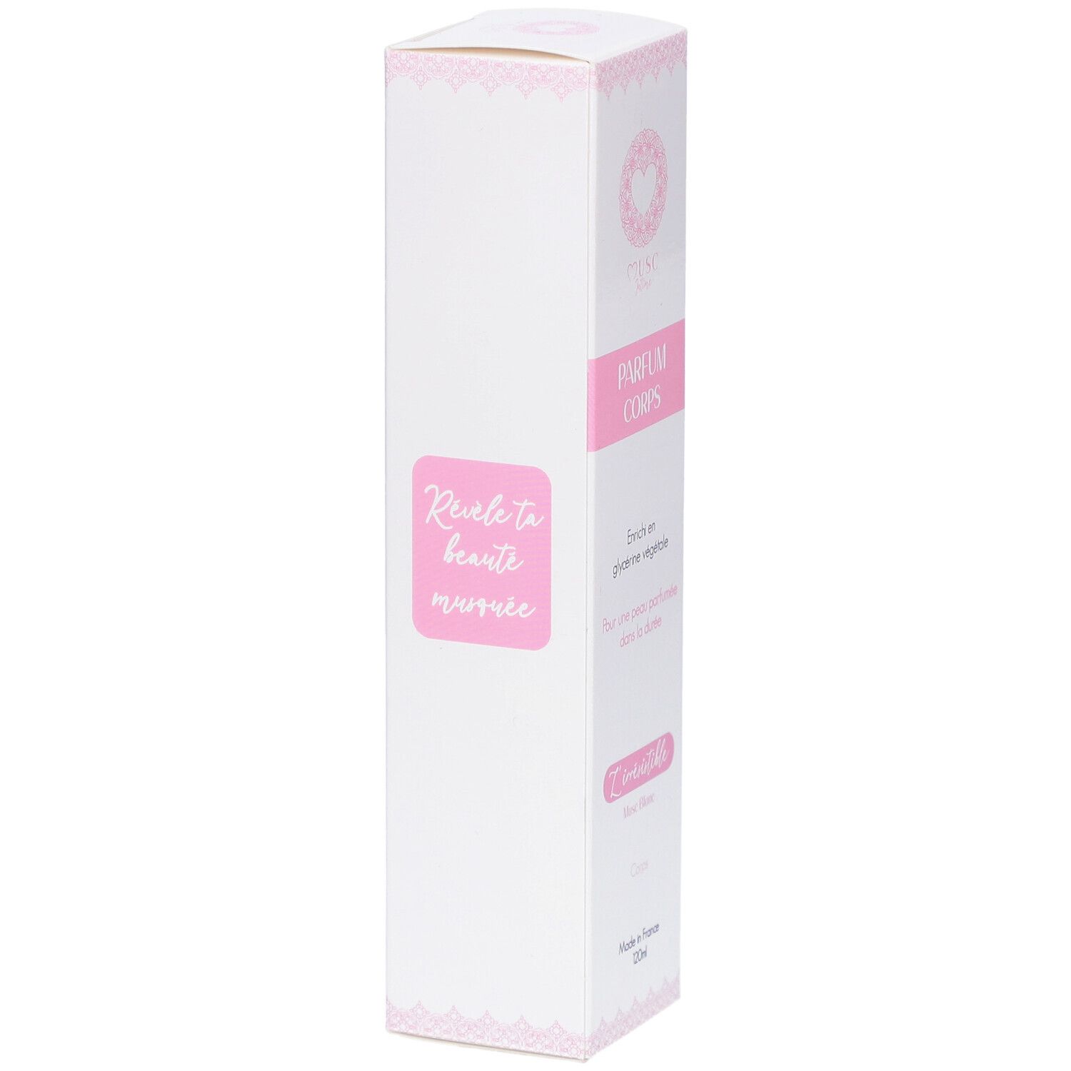 Boîte blanche allongée avec accents roses. Texte: Révèle ta beauté marronnier. Informations produit sur l'emballage.