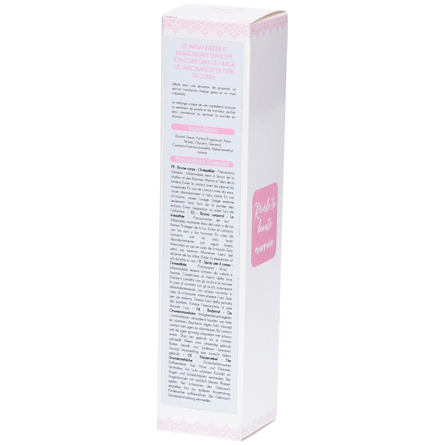 Boîte blanche allongée avec accents roses. Texte: Informations produit multilingues. Détails de la composition.
