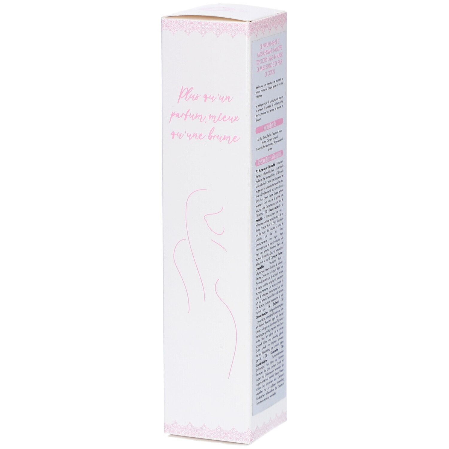 Boîte blanche allongée avec accents roses. Texte: Plus on parfum, moins on une brume. Informations produit sur l'emballage.