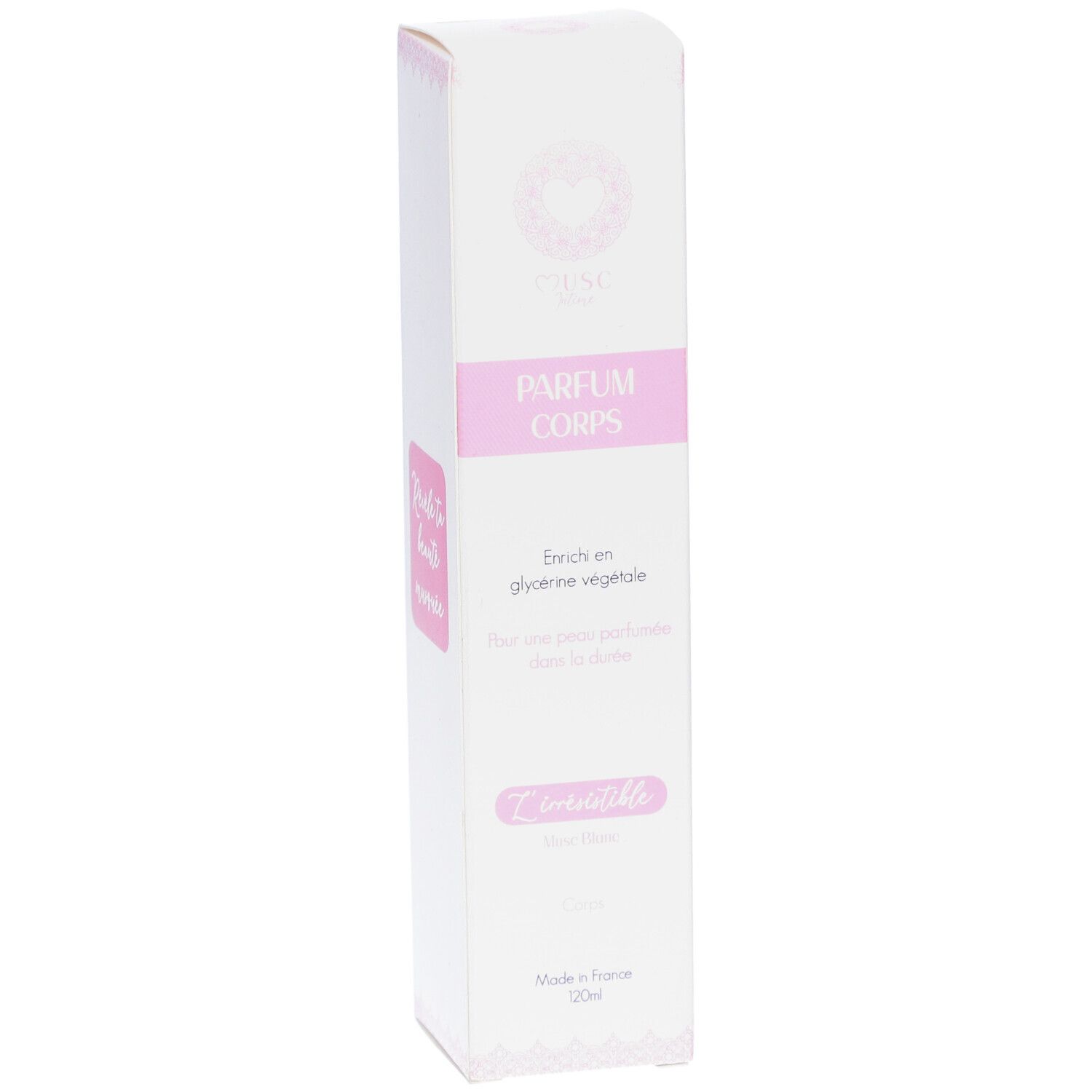 Boîte blanche allongée avec accents roses. Texte: PARFUM CORPS, Révèle ta beauté marronnier. Fabriqué en France. 20ml.