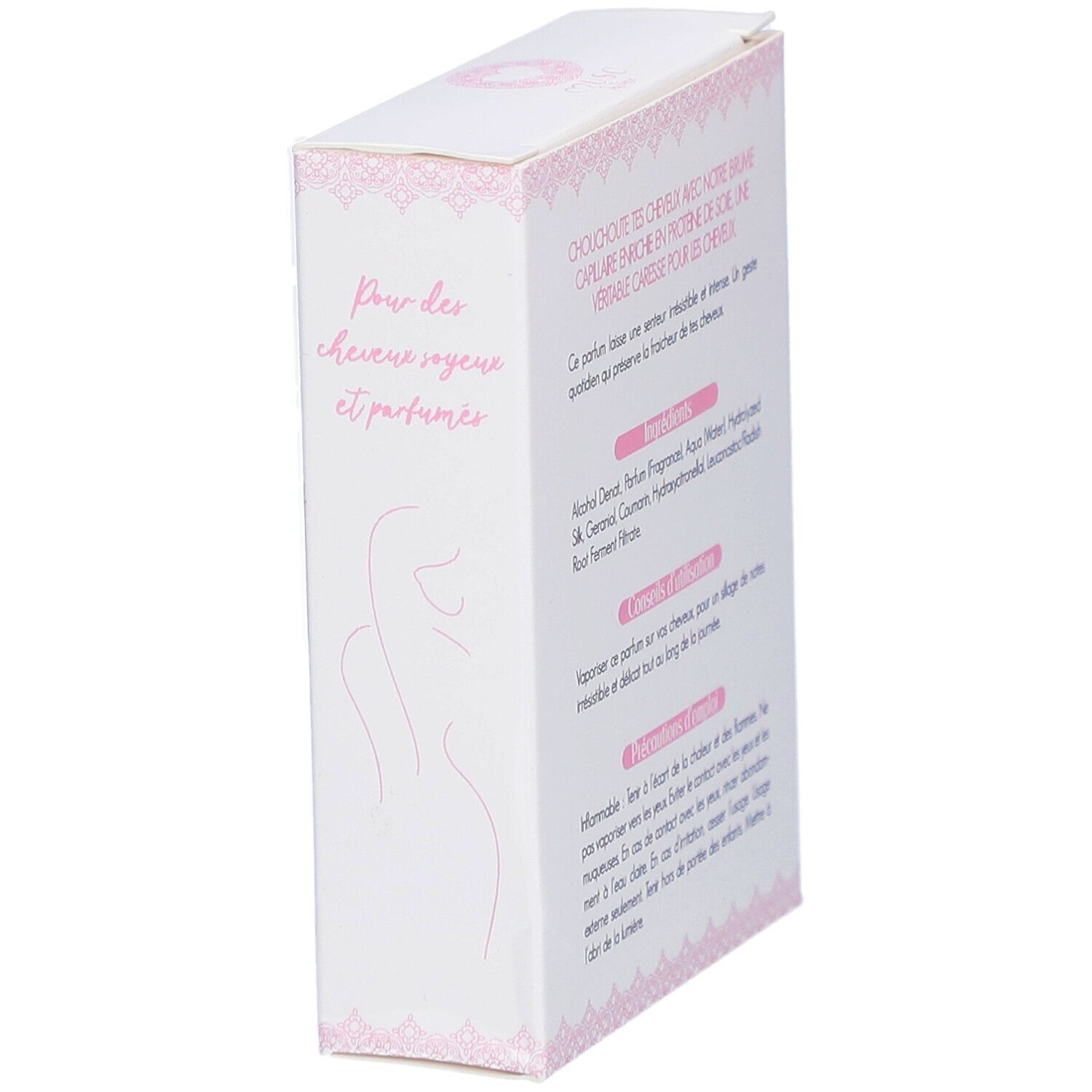 Boîte blanche avec texte rose. Texte: Pour des cheveux soyeux et parfumés, Ingrédients, Conseils d'utilisation, Précautions.