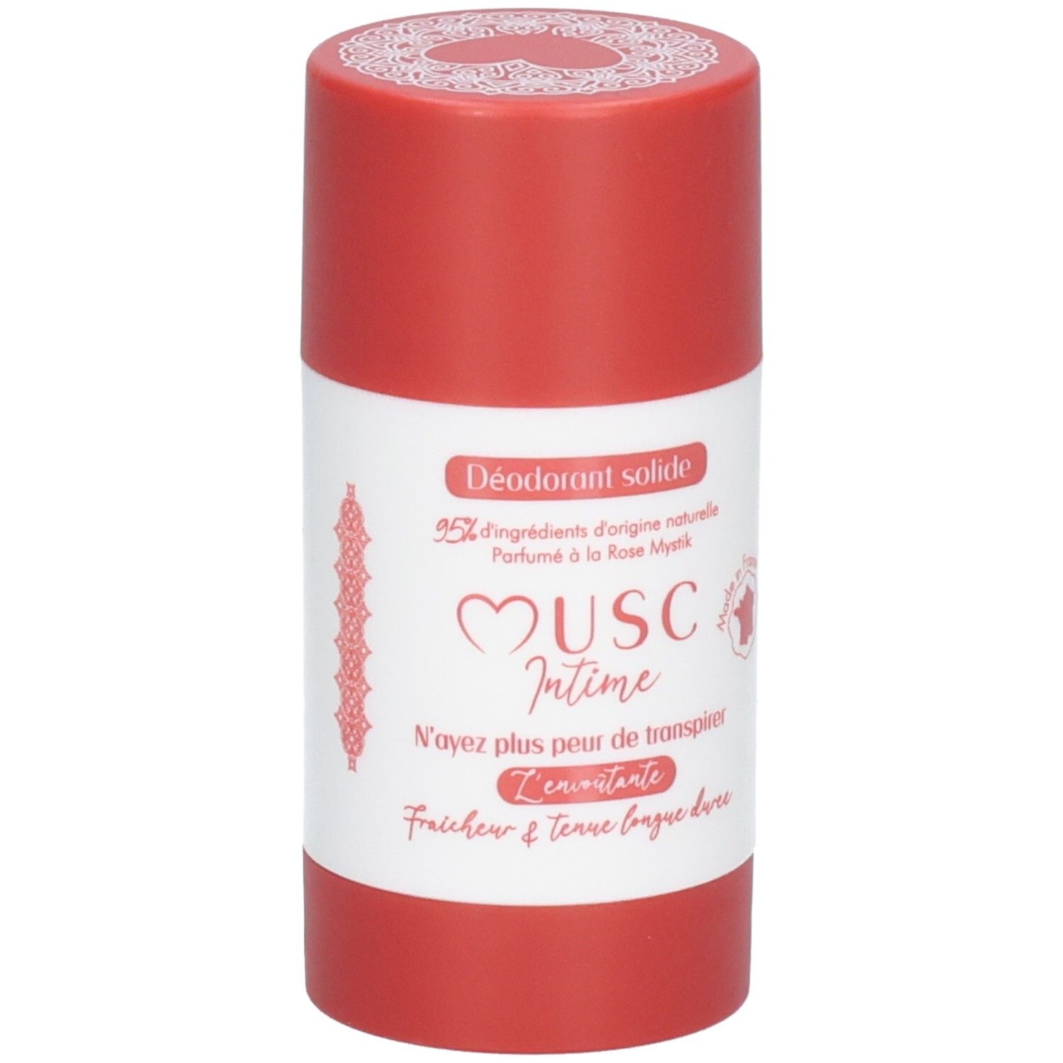 Déodorant solide rouge avec étiquette blanche. Inscription: Musc Intime, 95% ingrédients naturels.