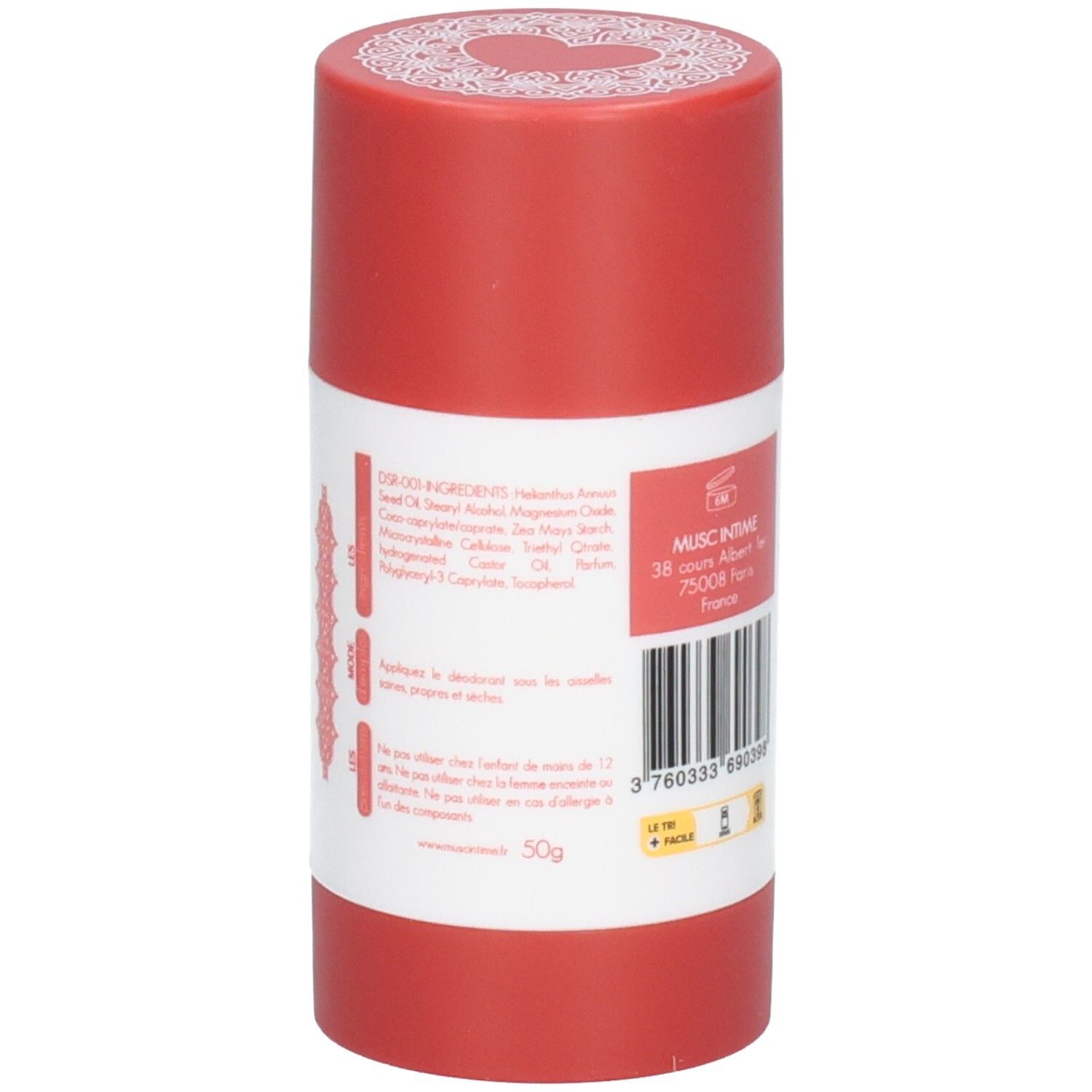 Déodorant rouge, dos avec ingrédients et instructions. Inscription: Musc Intime, 50g.
