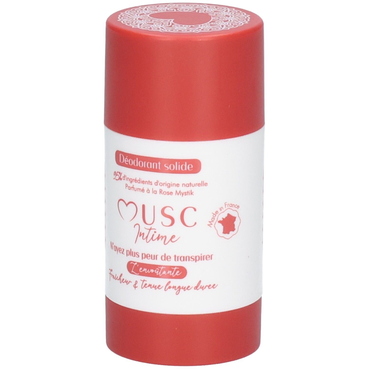 Déodorant solide rouge avec étiquette blanche. Inscription: Musc Intime. Fabriqué en France.