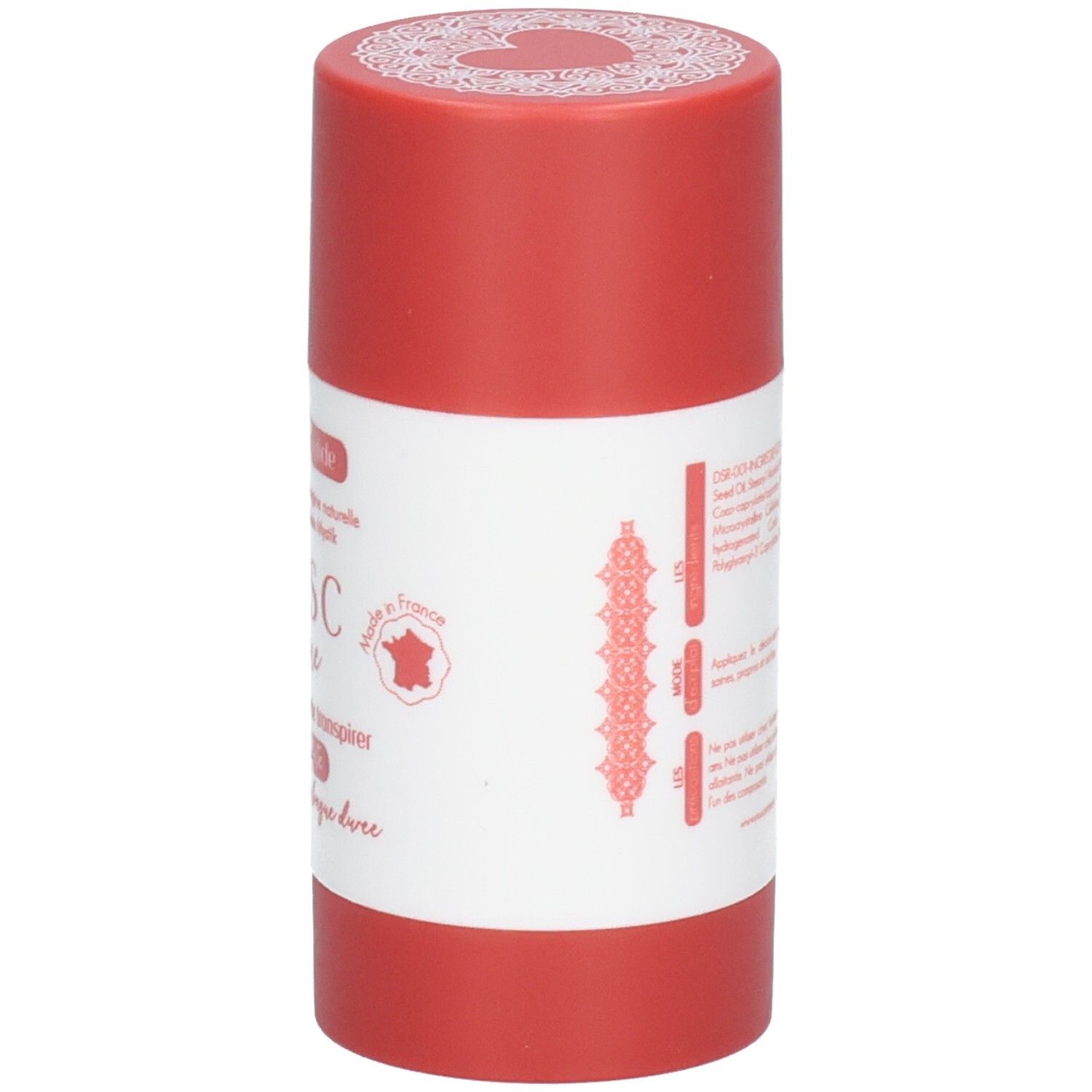 Déodorant rouge, dos avec ingrédients et instructions. Fabriqué en France.