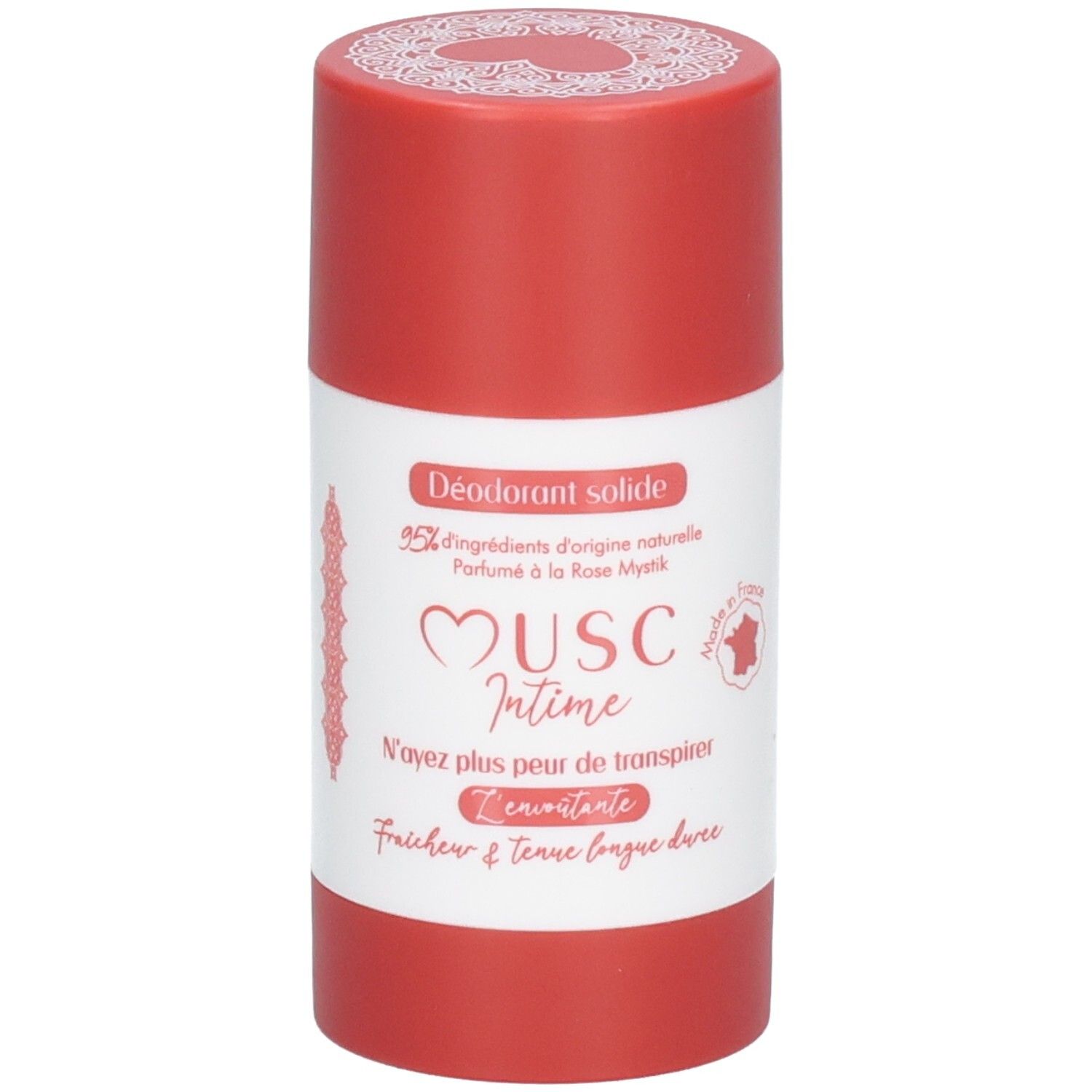 Déodorant solide rouge avec étiquette blanche. Inscription: Musc Intime, 95% ingrédients naturels.