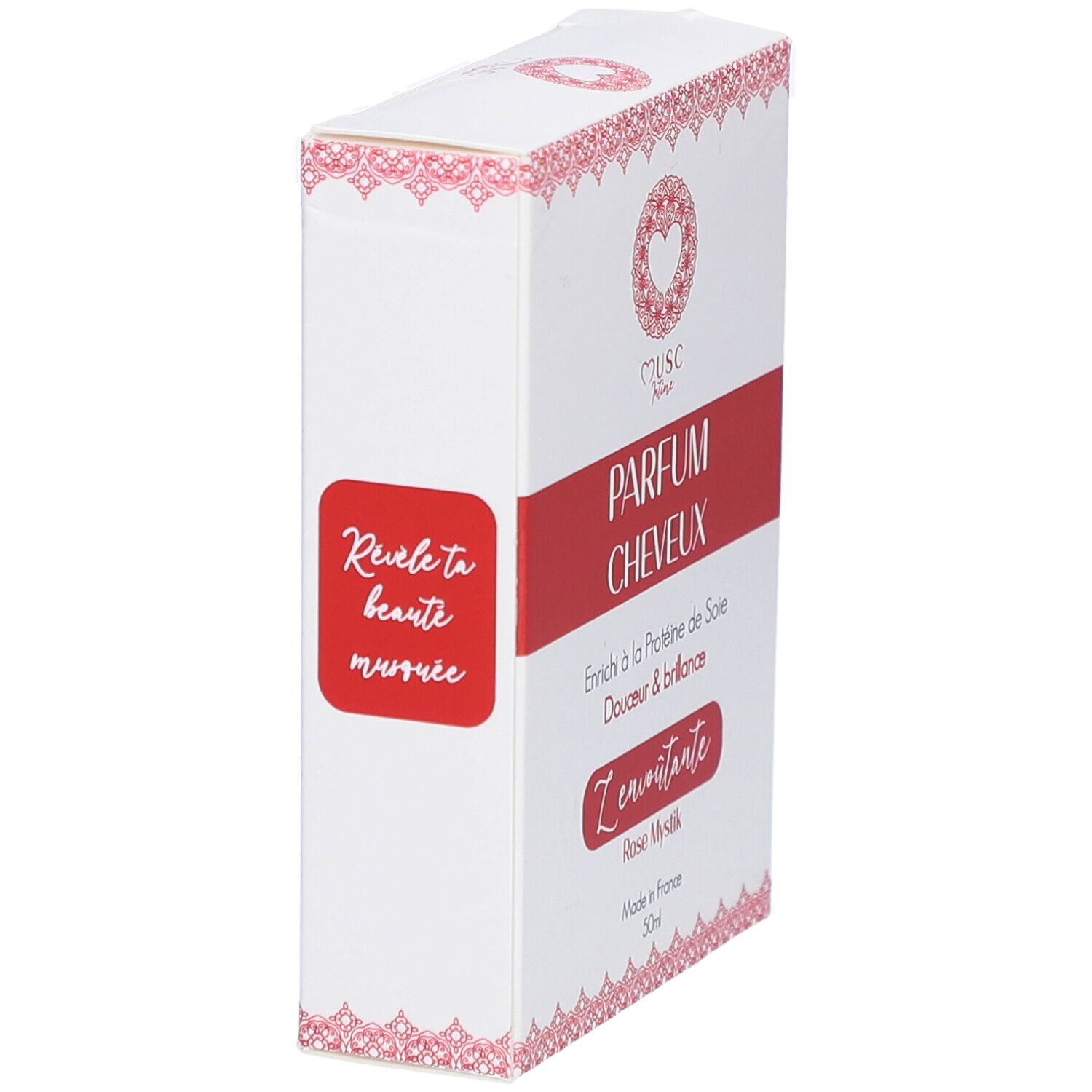 Boîte blanche avec autocollant rouge. Inscription: PARFUM CHEVEUX. Contient des protéines de soie. Rose Mystik. Fabriqué en France. 50ml.