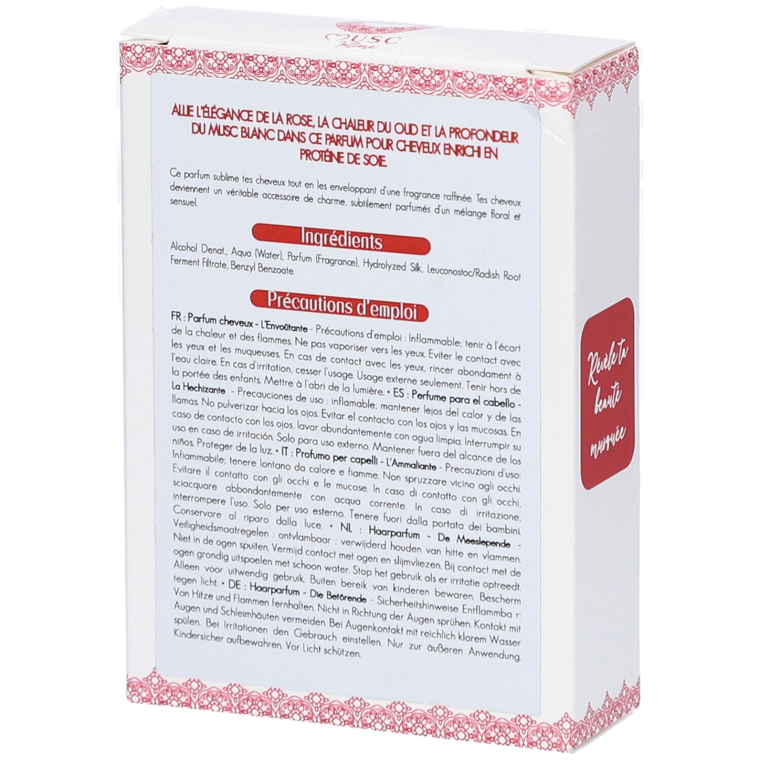 Boîte blanche avec texte. Contient ingrédients et instructions d'utilisation. Avec autocollant rouge. Texte en français, italien, allemand, néerlandais.